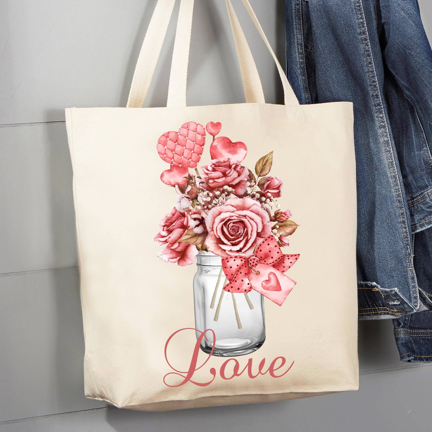 Valentine Love Pink Roses Hearts 12 oz Cotton Tote Bag