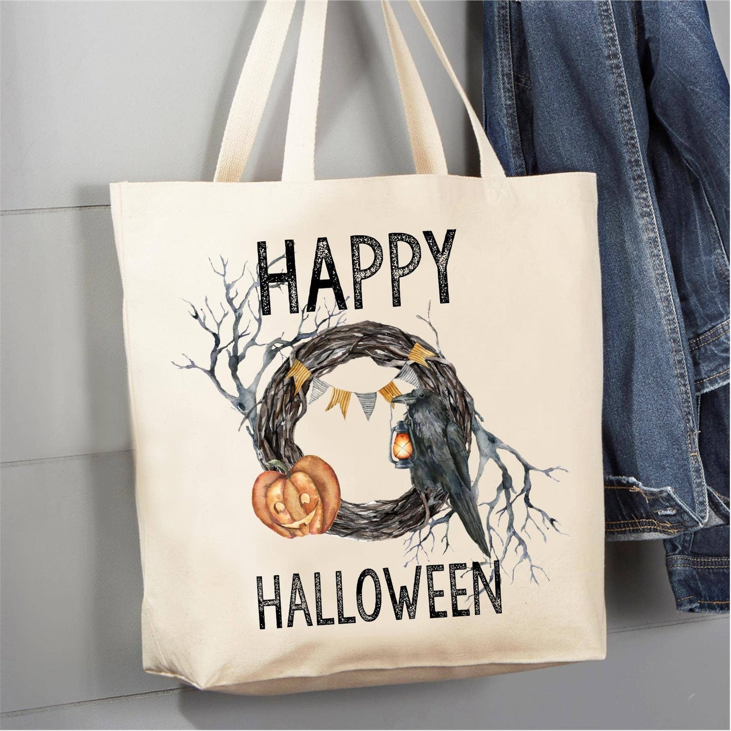 Happy Halloween Pumpkin Crow 12 oz Canvas Tote Bag