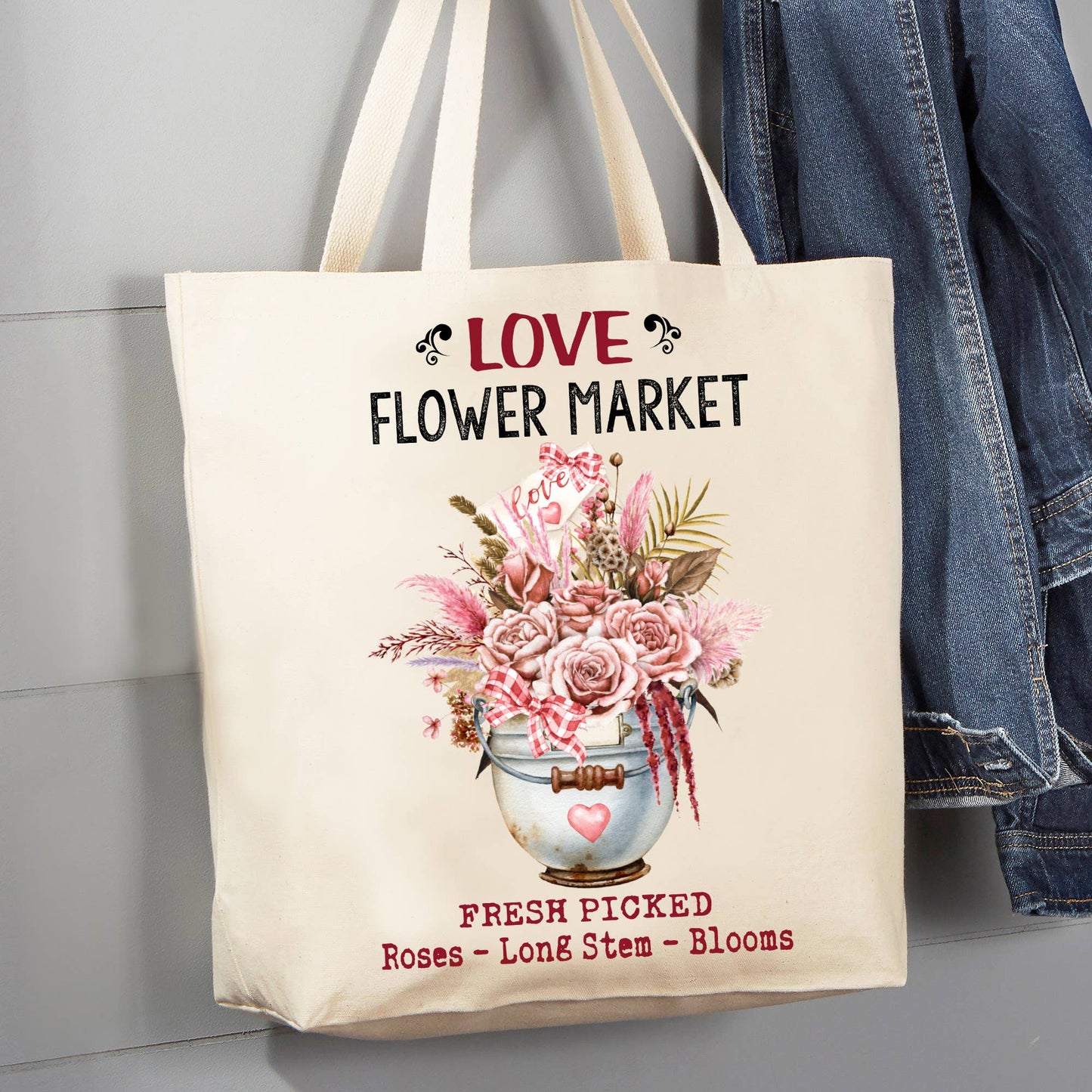 Valentine Love Boho Flower Market 12 oz Cotton Tote Bag