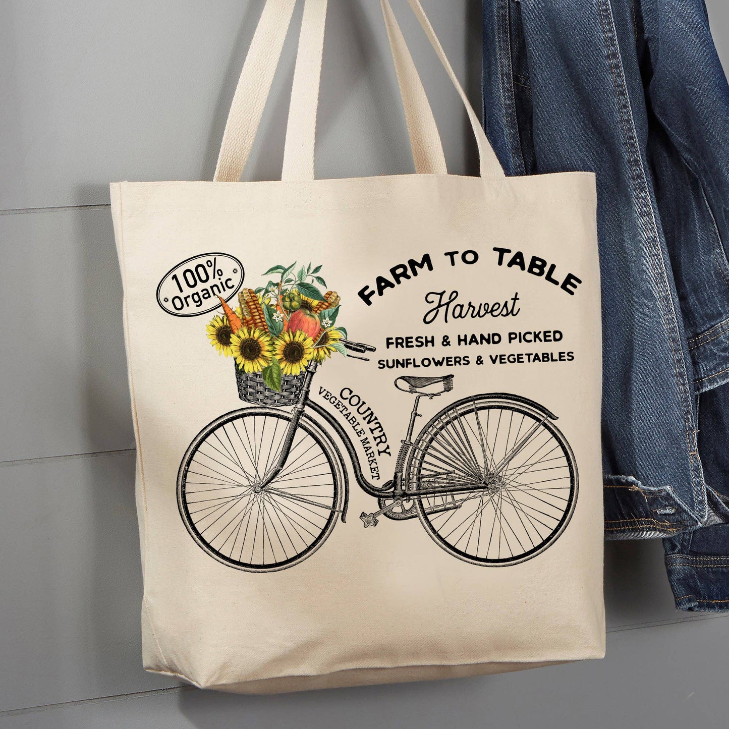 100% Organic Bike Flower Basket, 12 oz Tote Bag