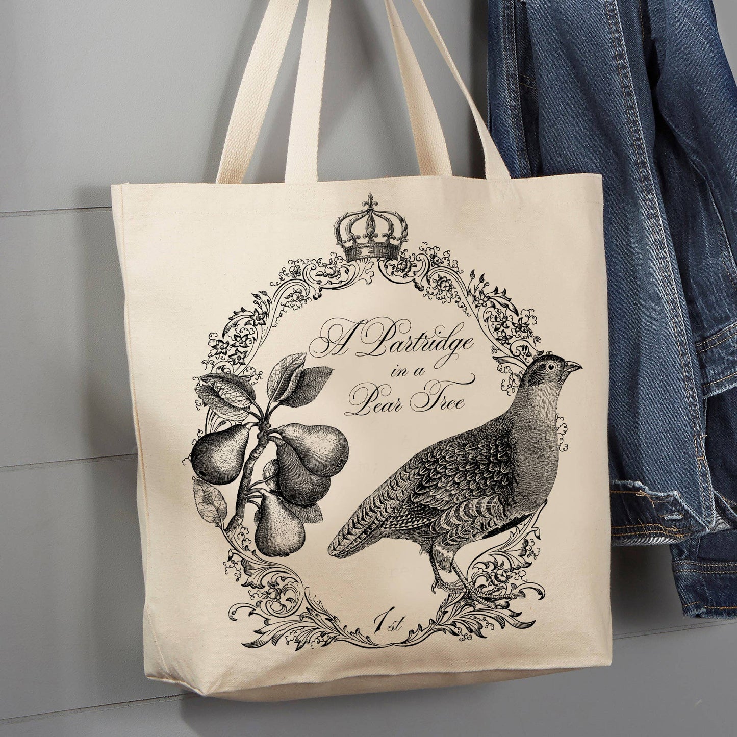 Partridge in a Pear Tree Christmas, 12 oz Tote Bag