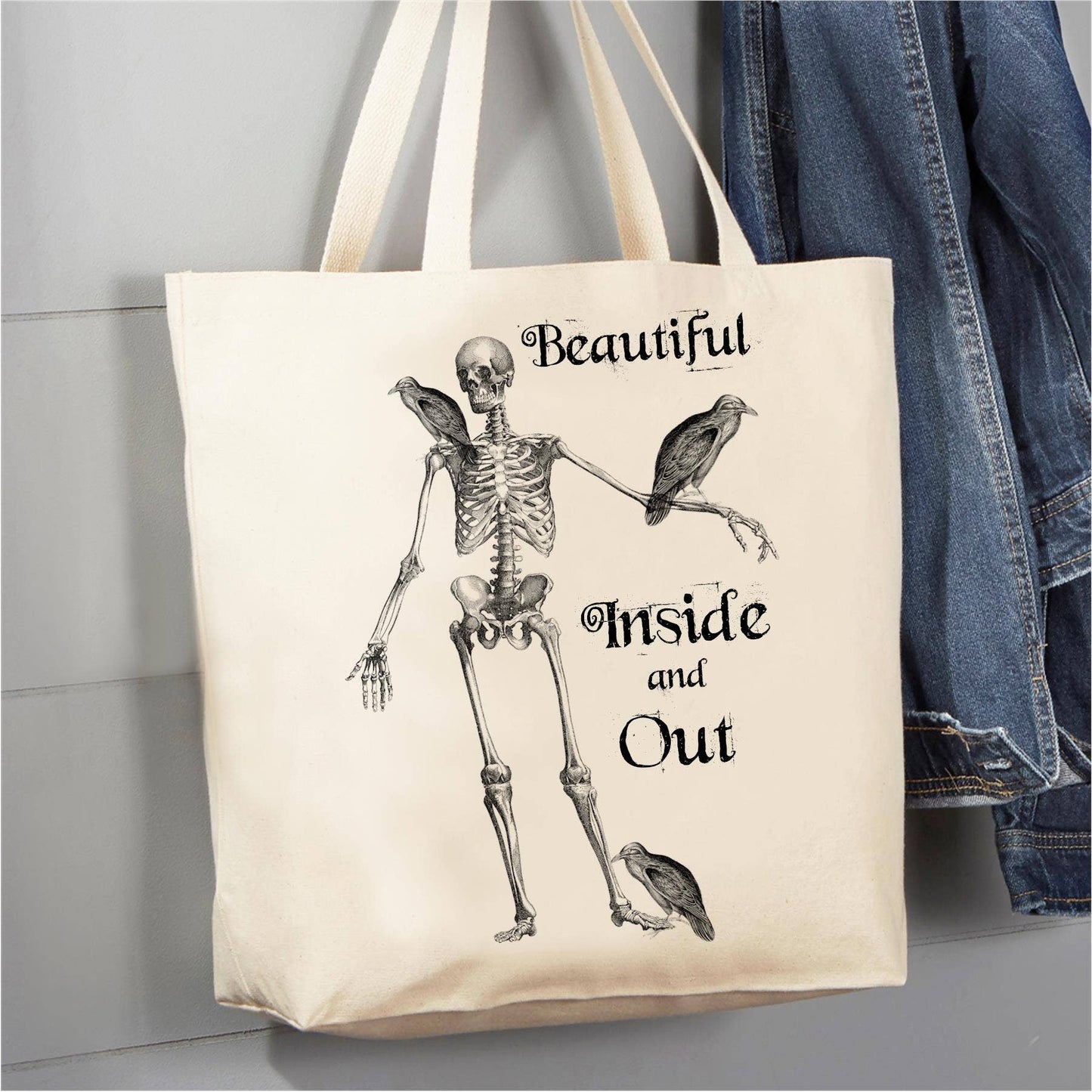 Skeleton Crows Halloween 12 oz Canvas Tote Bag
