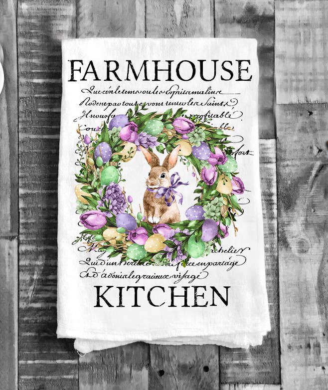 Farmhouse Kitchen Easter Bunny Wreath Flour Sack Tea Towel