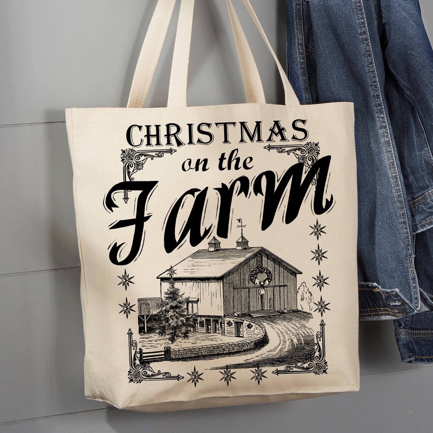 Christmas on the Farm Barn, 12 oz Tote Bag