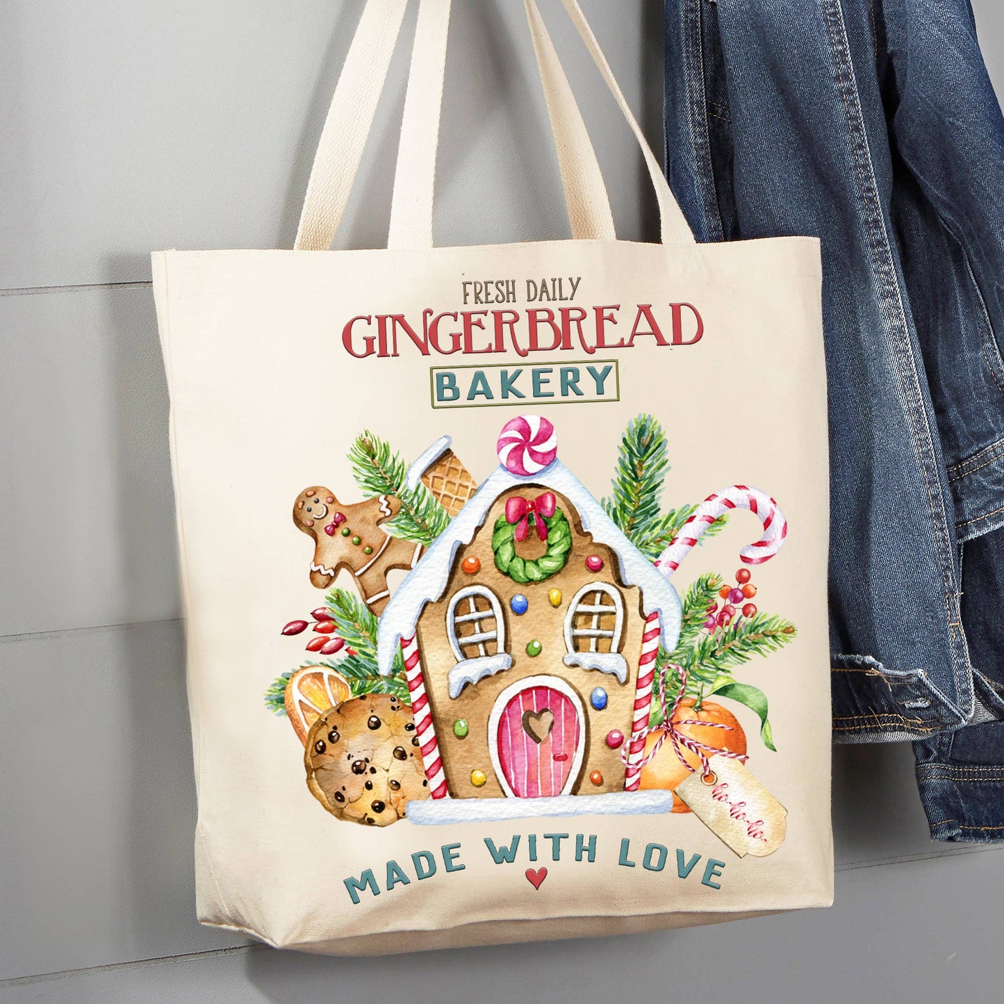 Christmas Gingerbread House Bakery 12 oz Canvas Tote Bag