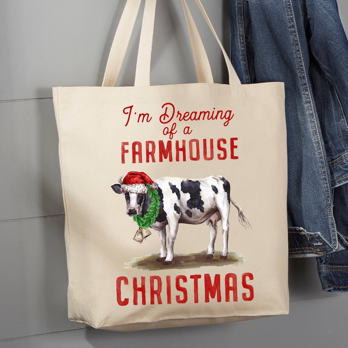 Christmas Cow Santa Hat, 12 oz Tote Bag