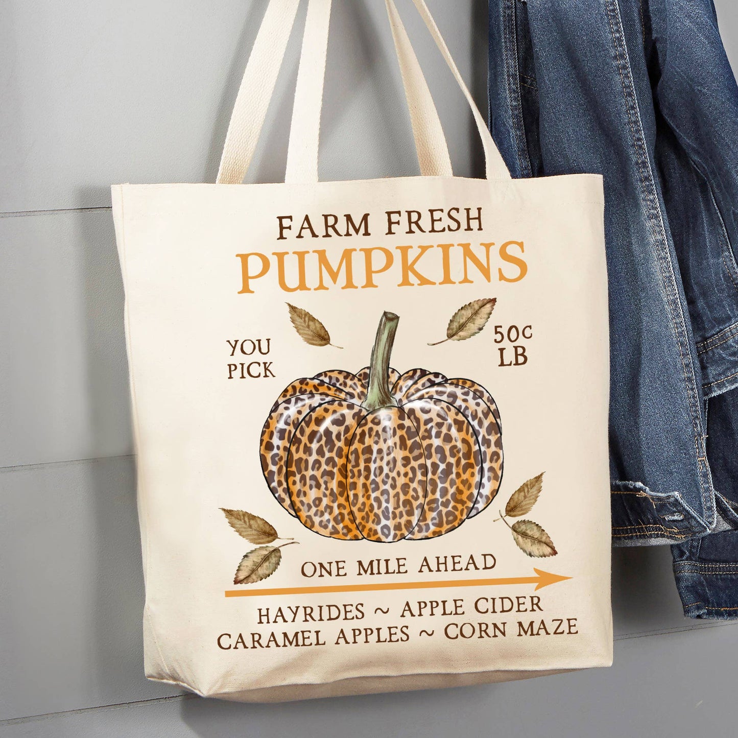 Fall Autumn Leopard Pumpkin 12 oz Cotton Canvas Tote Bag