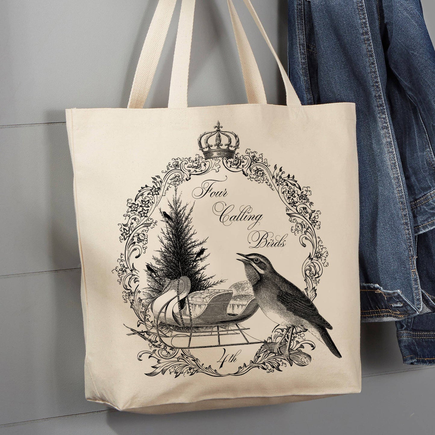 Four Calling Birds Christmas, 12 oz Tote Bag