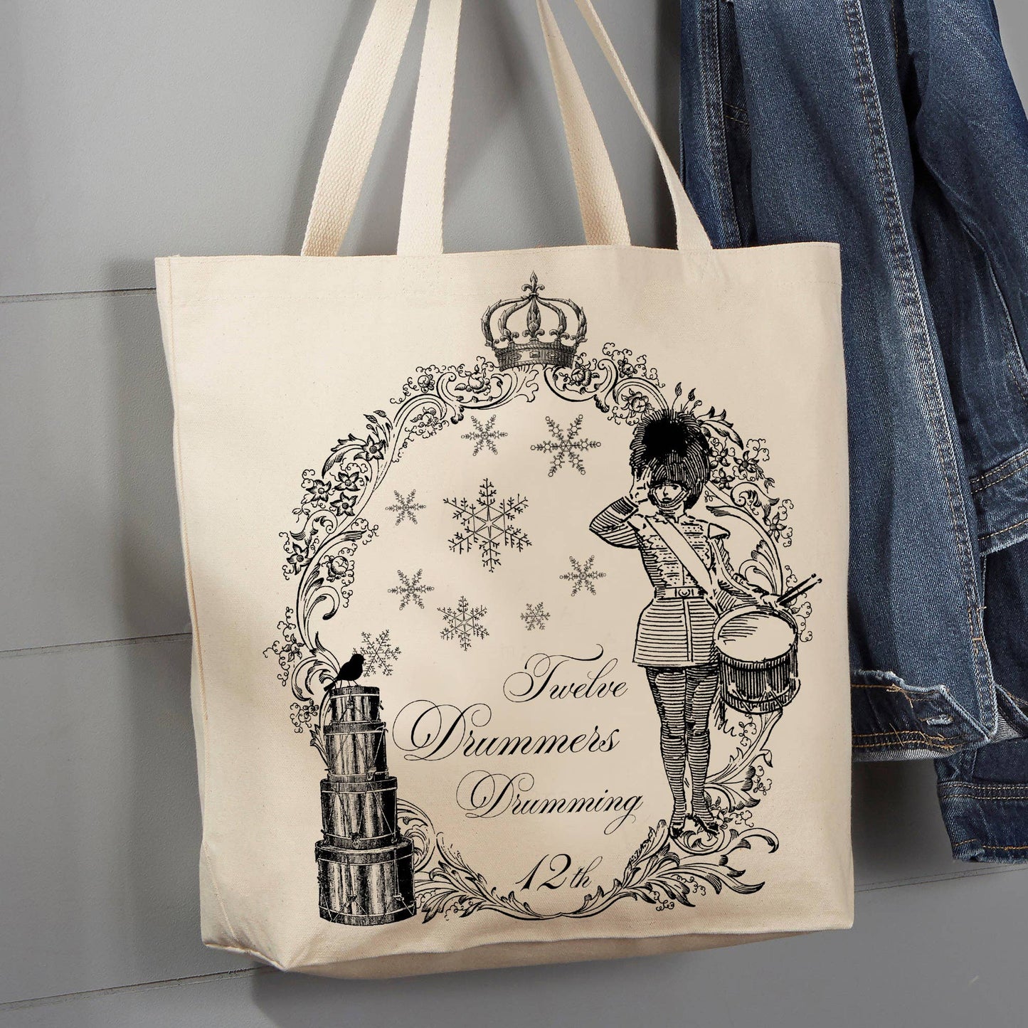 Twelve Drummers Drumming Christmas, 12 oz Tote Bag