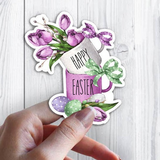 Happy Easter Tulips Coffee Mugs Sticker Waterproof Vinyl