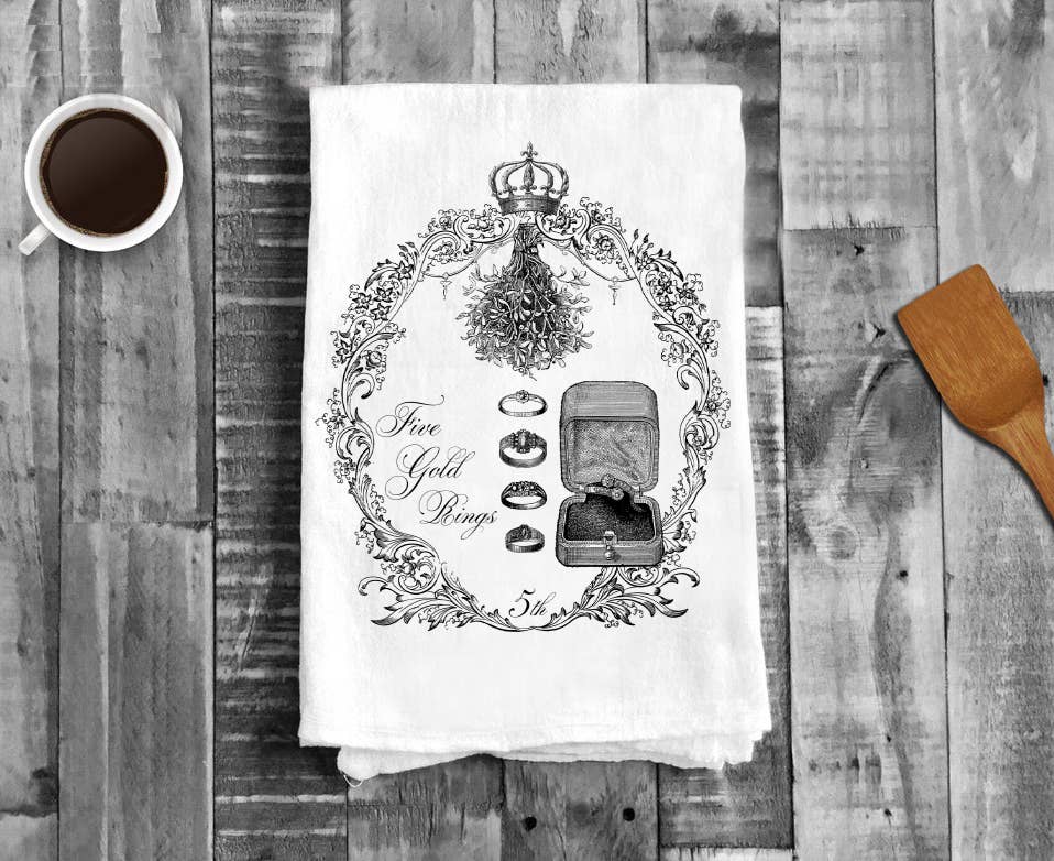 Five Gold Golden Rings Christmas, Cotton Tea Towels