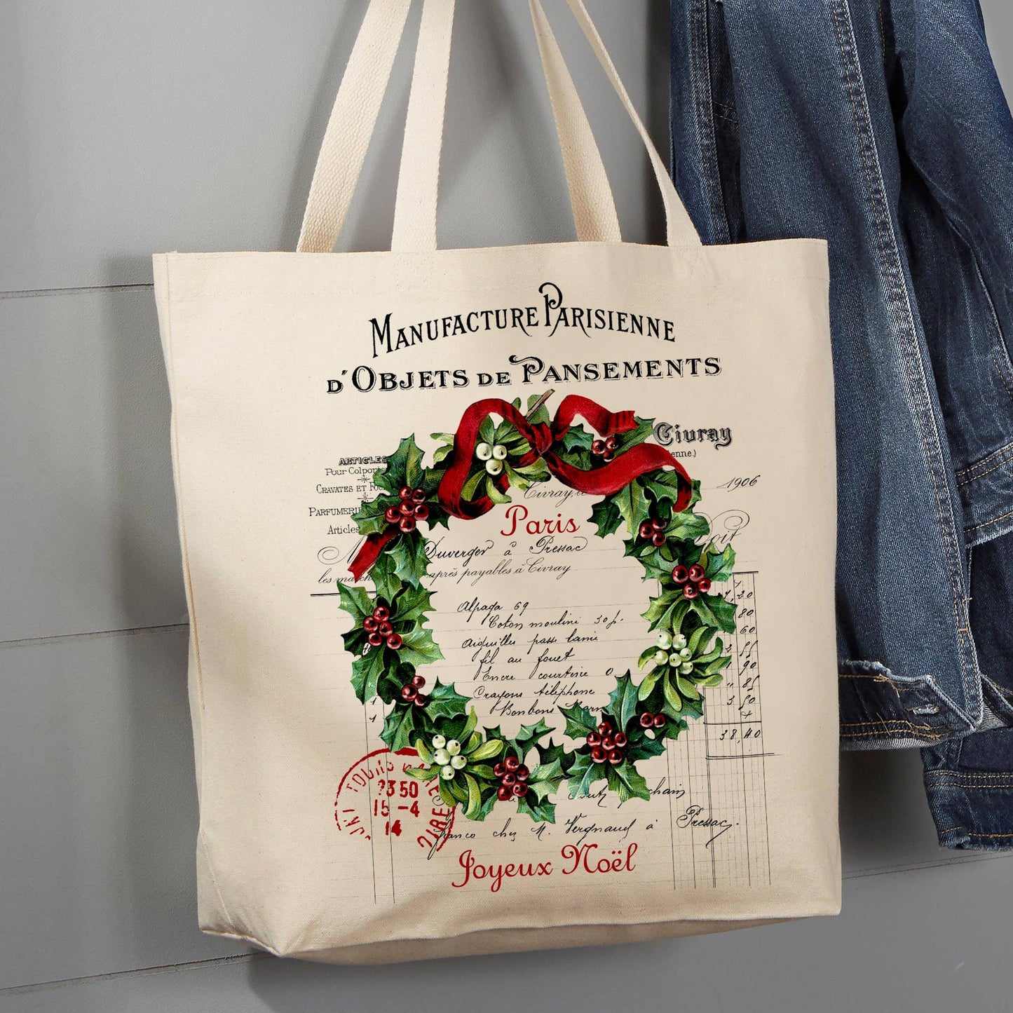 Joyeux Noel Wreath Letter Christmas, 12 oz Tote Bag