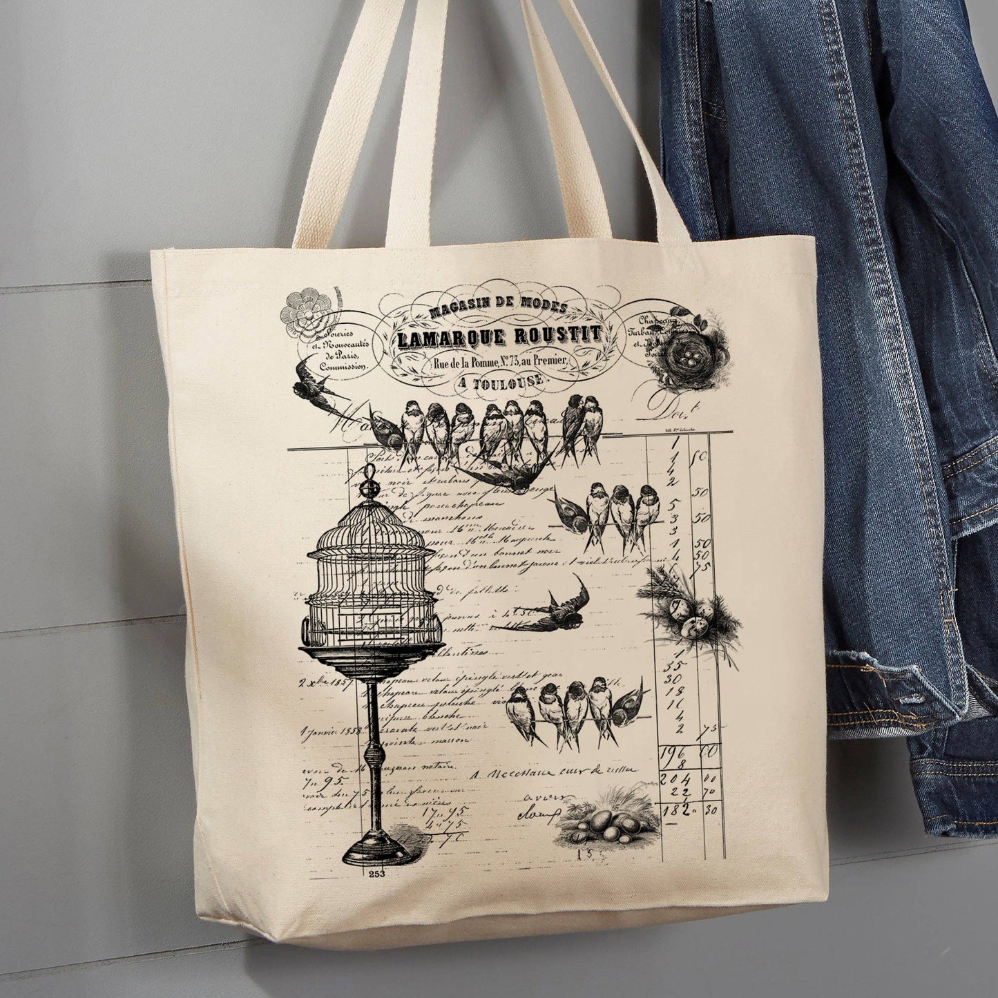 Birds Cage Notebook French, 12 oz Tote Bag