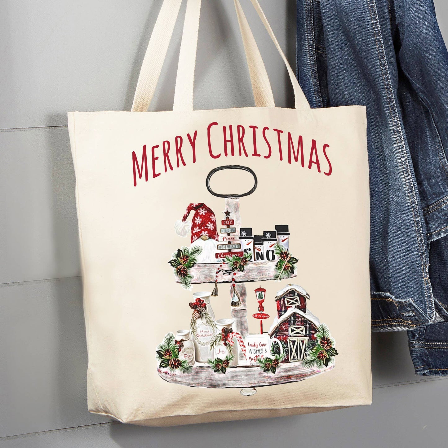 Merry Christmas 3 Tiered Tray Farm 12 oz Canvas Tote Bag