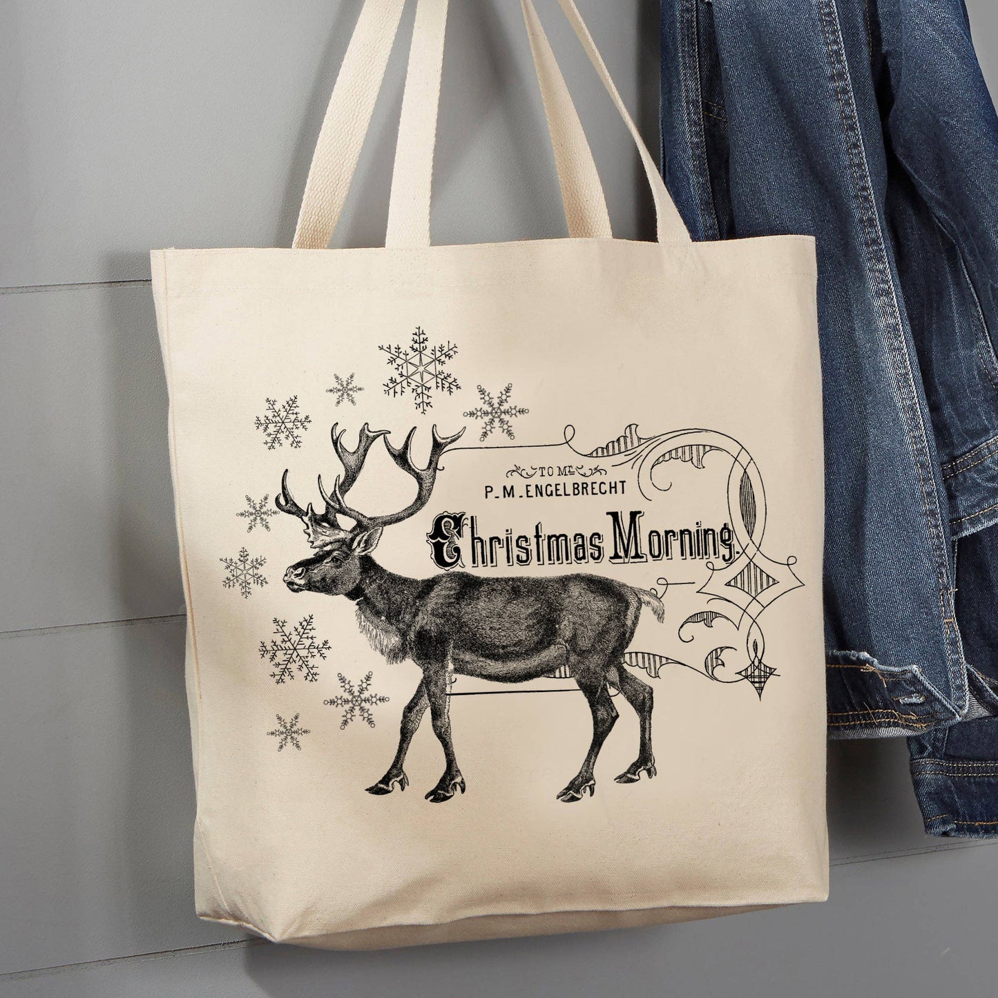 Christmas Morning Deer Snowflakes, 12 oz Tote Bag