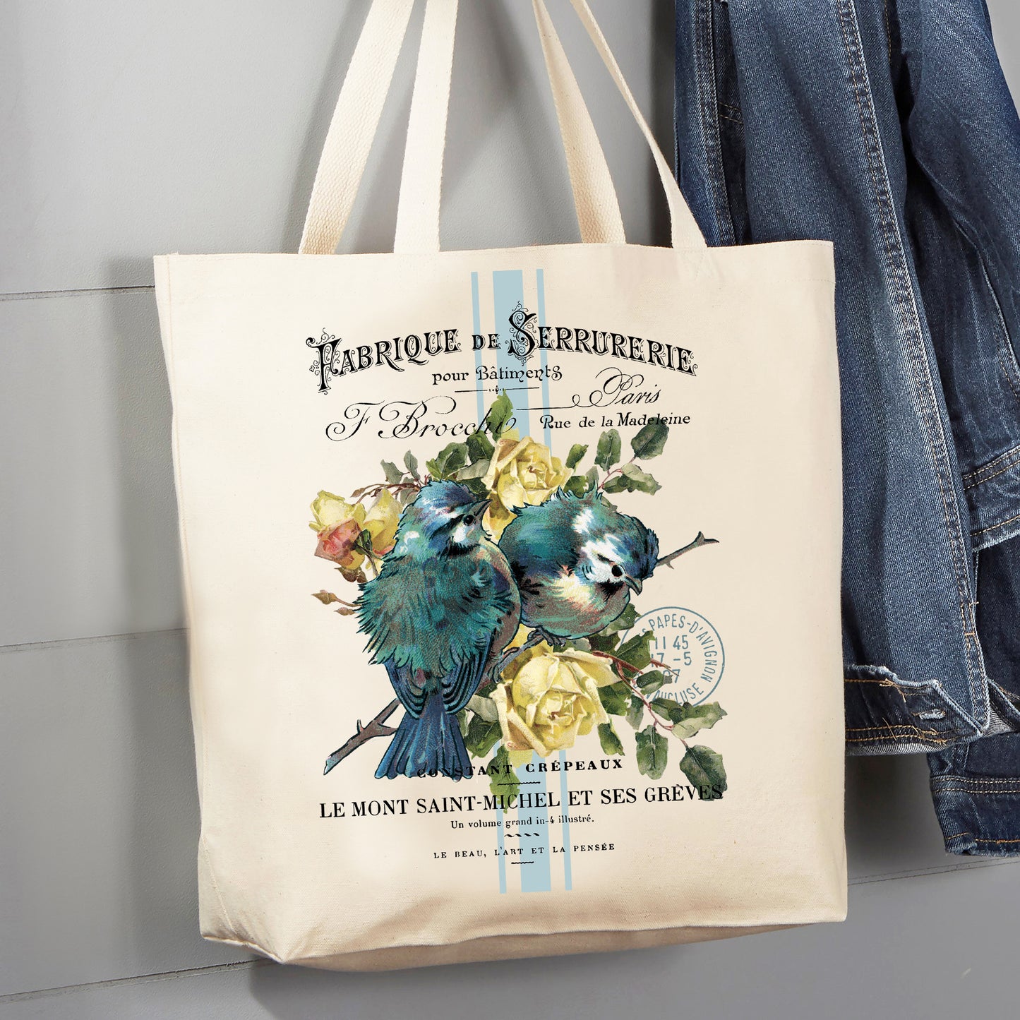 Vintage French Birds Roses 12 oz Canvas Tote Bag