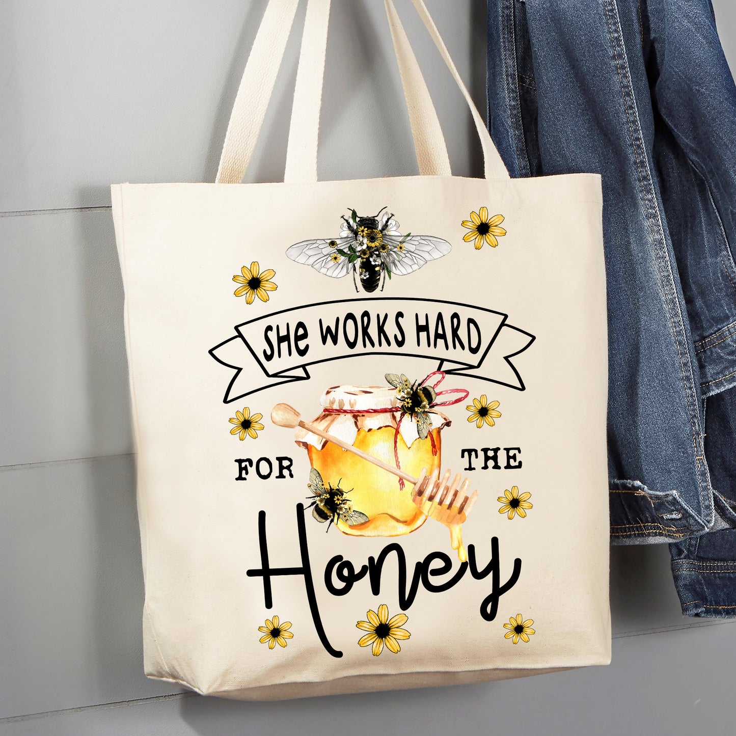 She Works Hard for the Honey Bees 12 oz Canvas Tote Bag