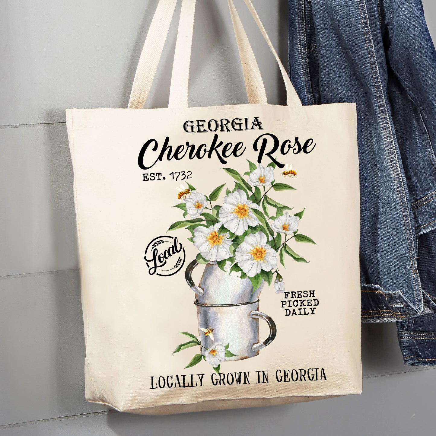 Georgia State Flower Cherokee Rose Souvenir 12 oz Canvas Tote Bag