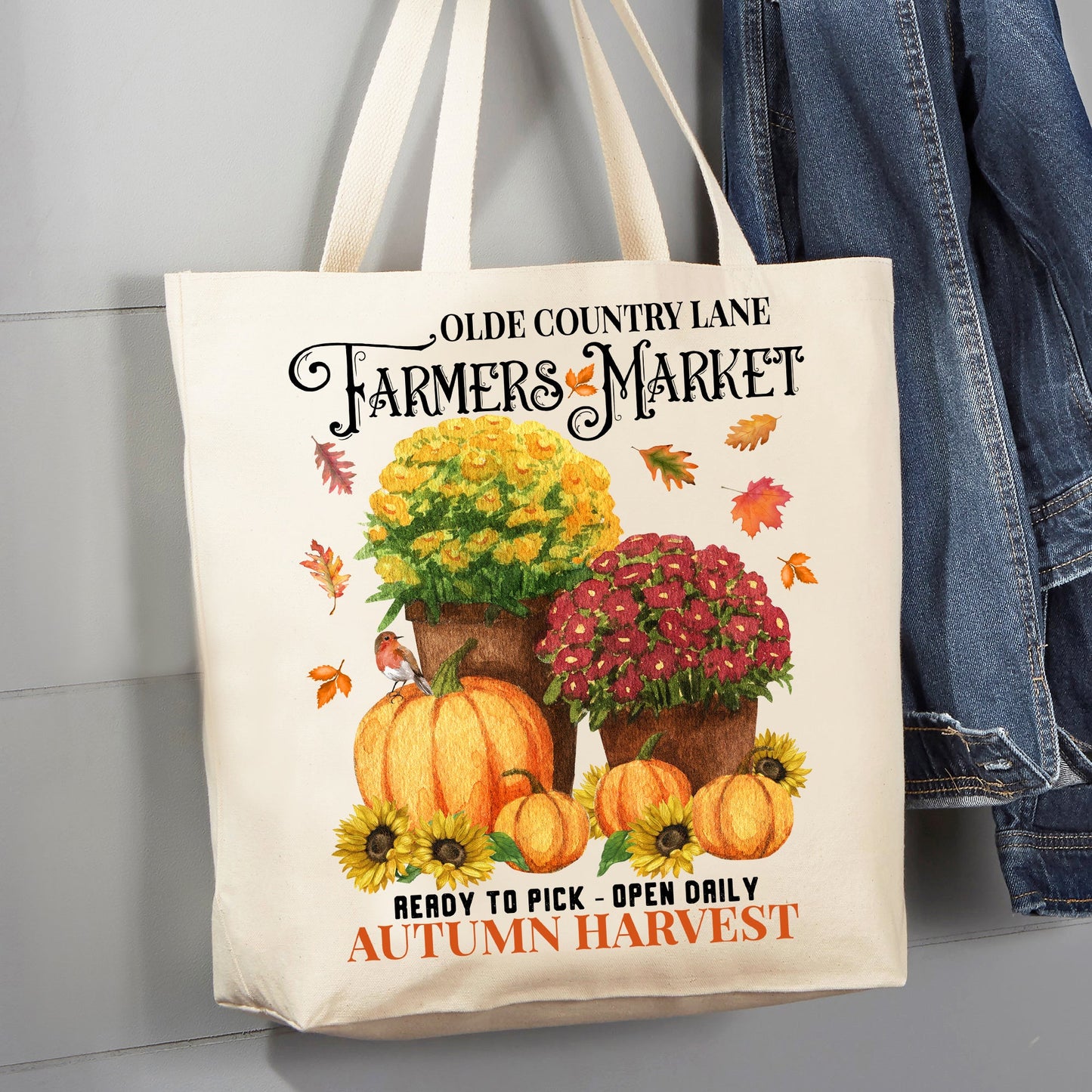 Vintage Autumn Fall Pumpkins & Mums 12 oz Canvas Tote Bag