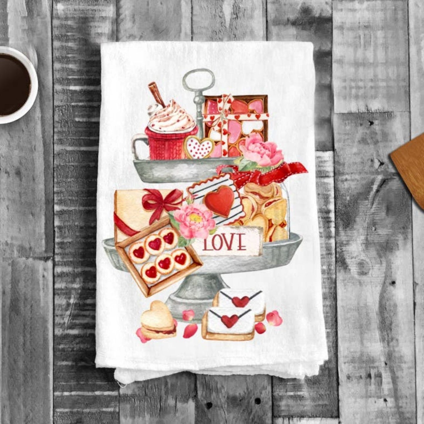 Valentine Cookies 2 Tier Tray Flour Sack Cotton Tea Towels