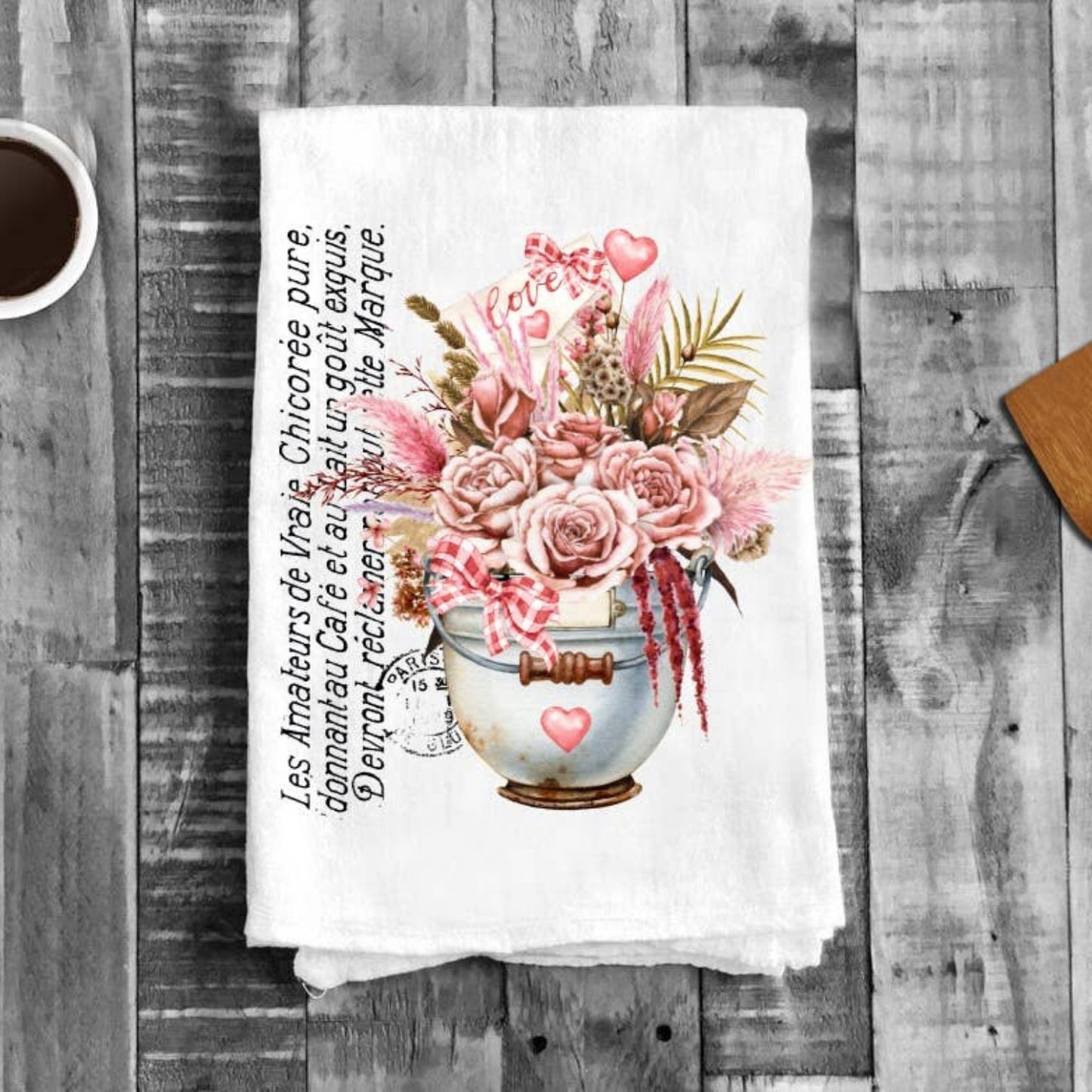 Valentine French Love Boho Flowers Cotton Tea Towels