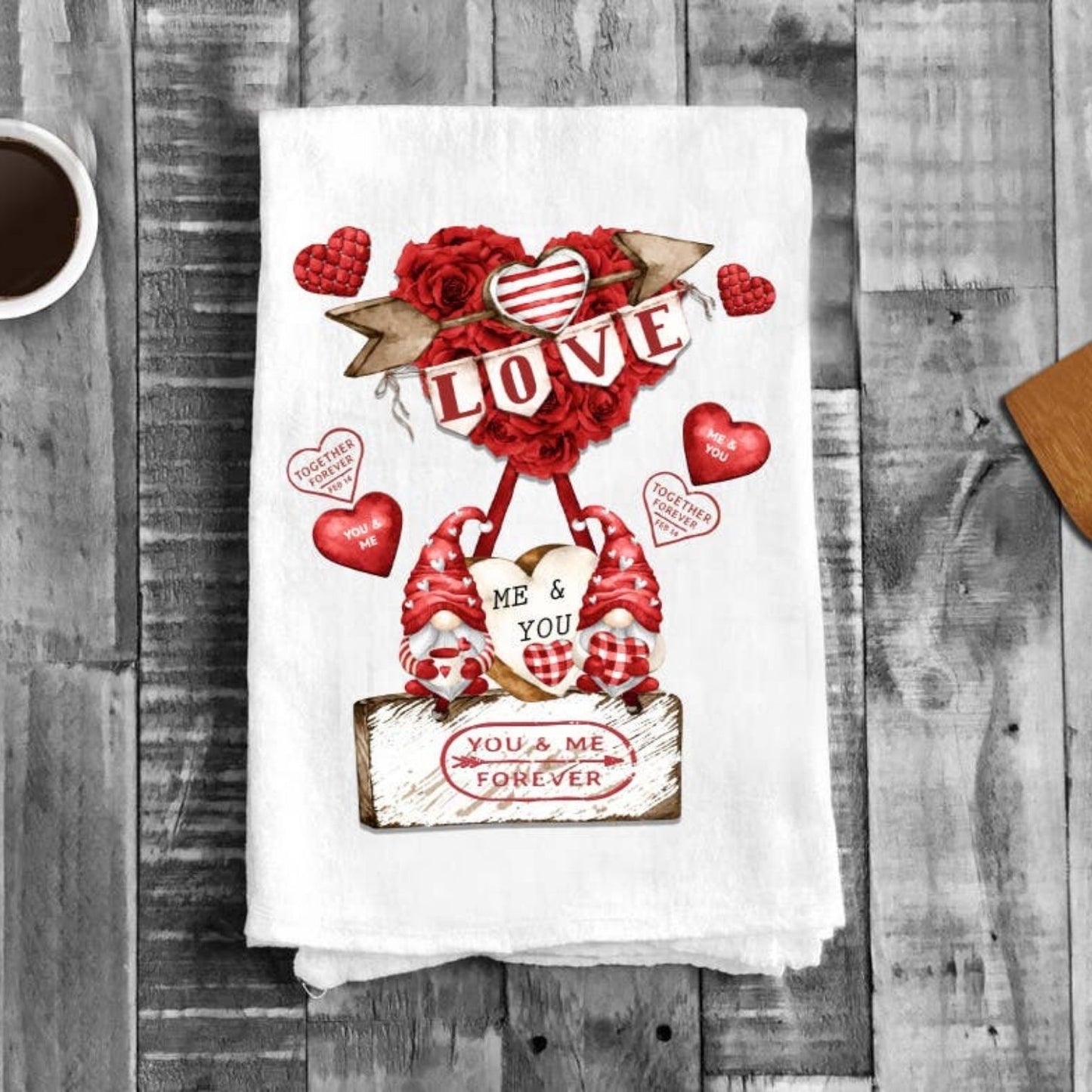Valentine Gnome Red Roses Flour Sack Cotton Tea Towels