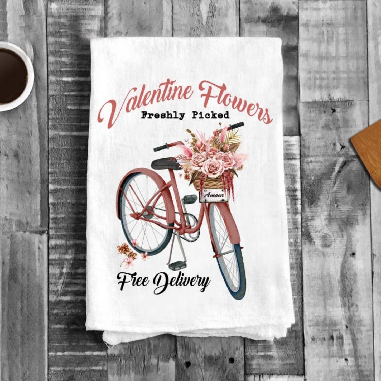 Valentine Flowers Pink Bicycle Flour Sack Cotton Tea Towels