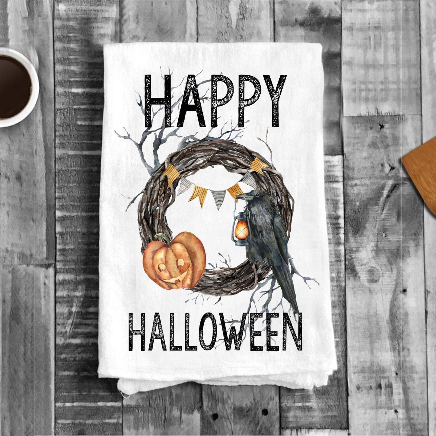 Happy Halloween Wreath Cotton Tea Towels Kitchen
