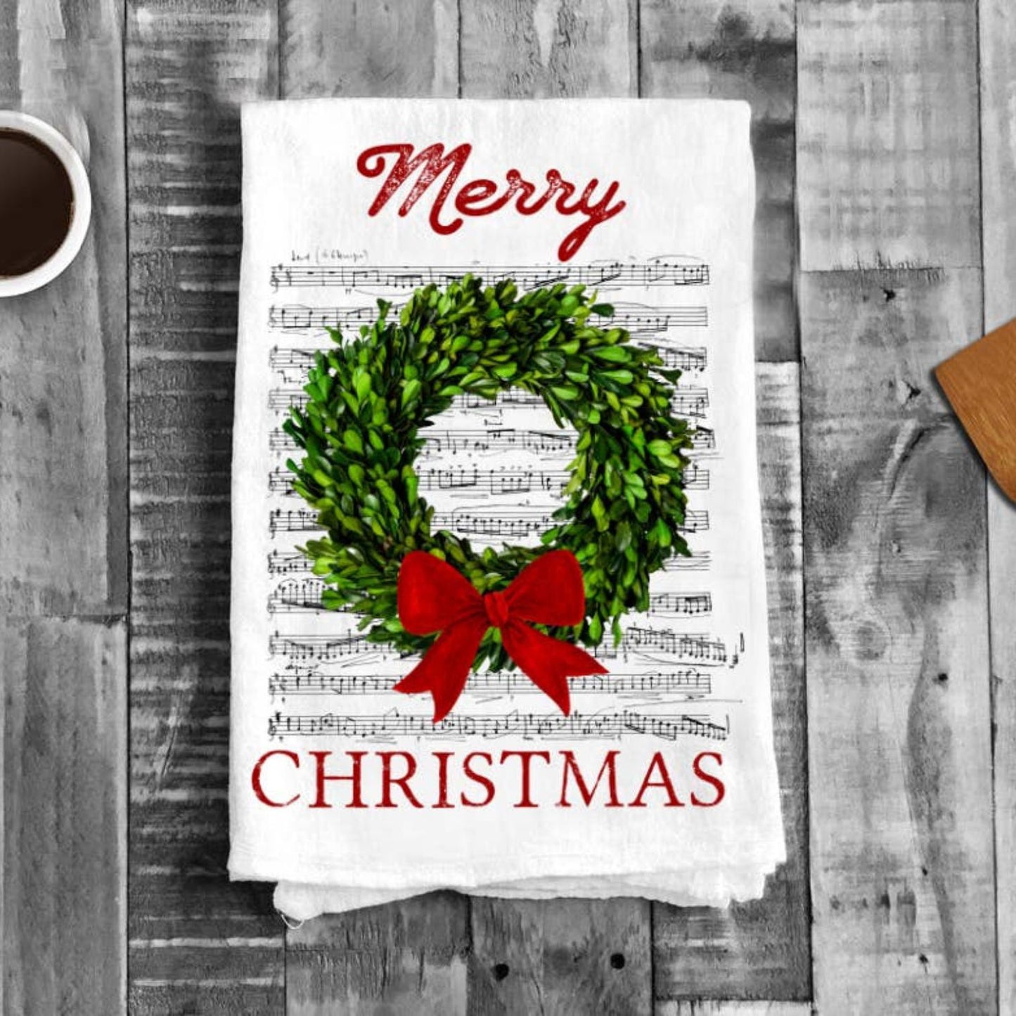 Farmhouse Christmas Boxwood Wreath Cotton Tea Towels