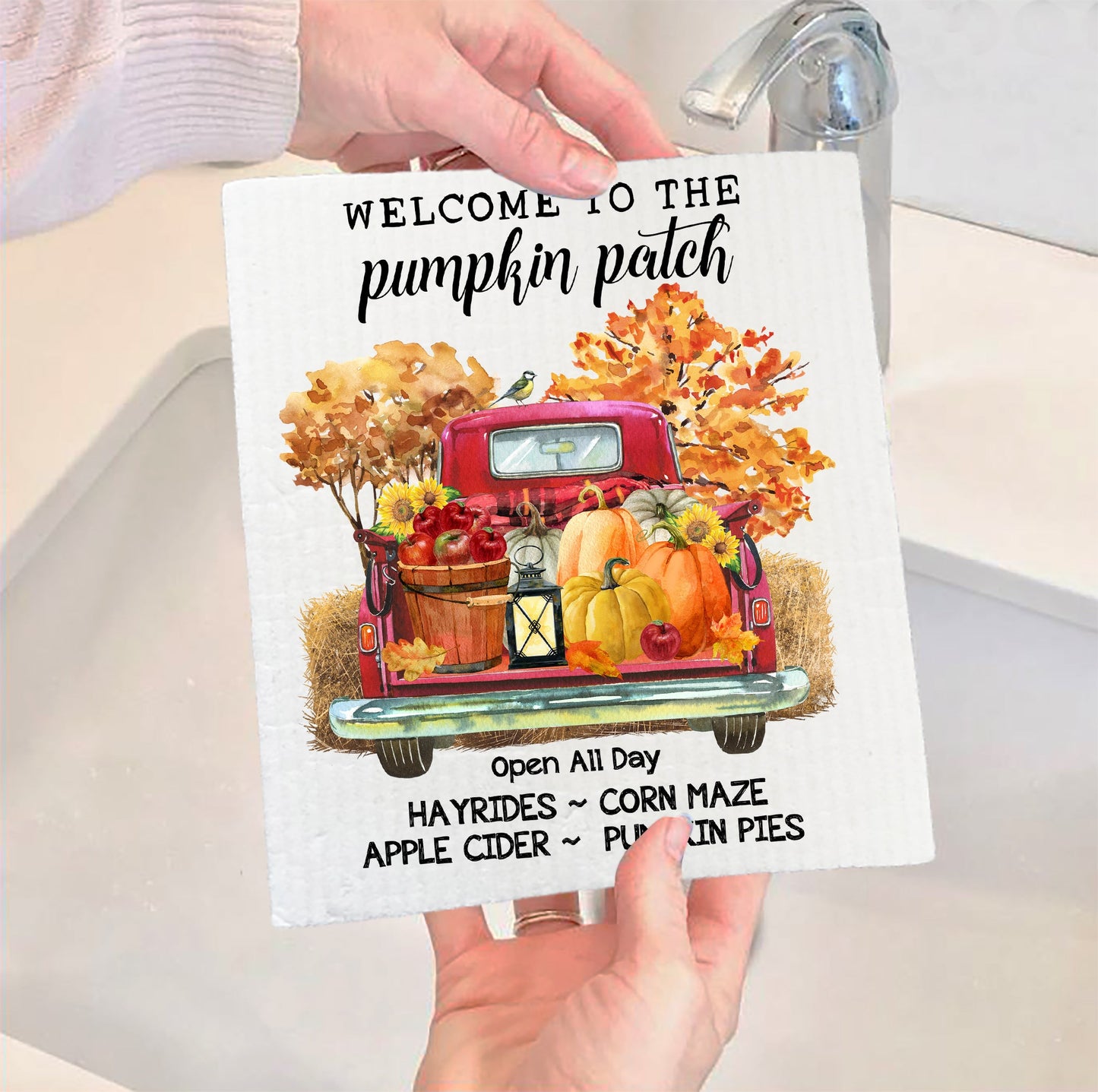 Fall Autumn Pumpkin Pick Up Truck Kitchen SWEDISH DISH CLOTH
