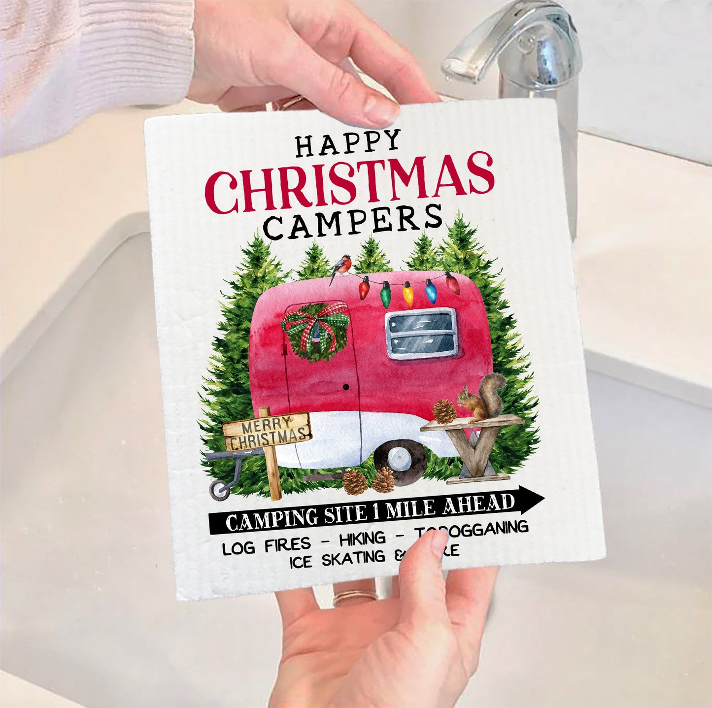Happy Christmas Trailer Camper SWEDISH DISH CLOTH