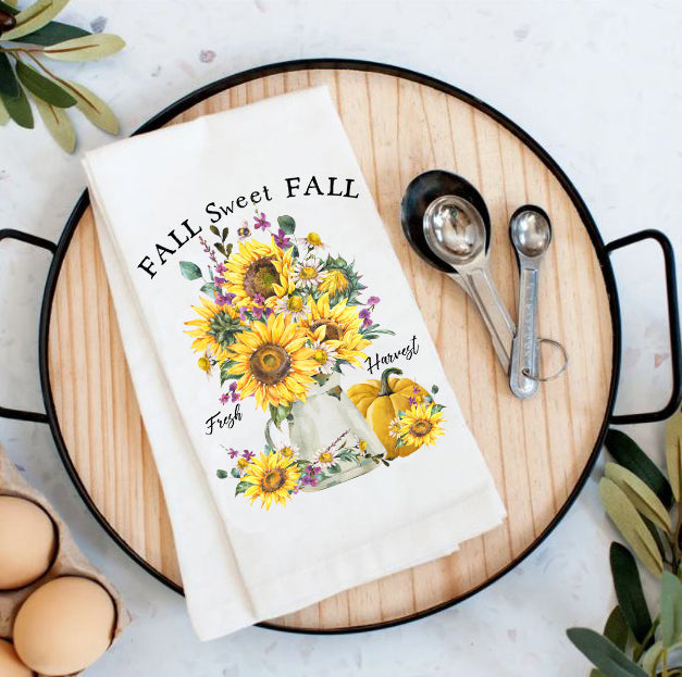 Sweet Autumn Fall Harvest Sunflowers Pumpkins Flour Sack Tea Towel