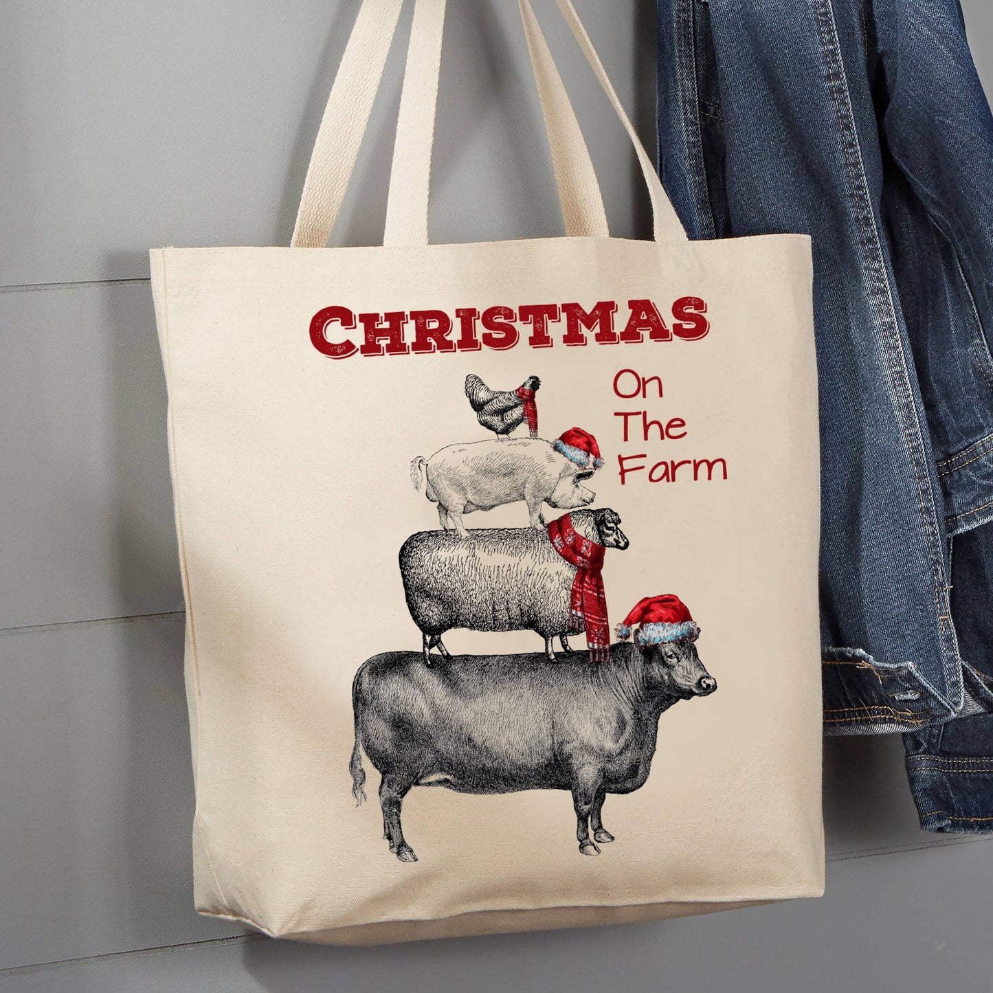Santa Hat Chicken Pig Sheep Cow, 12 oz Tote Bag