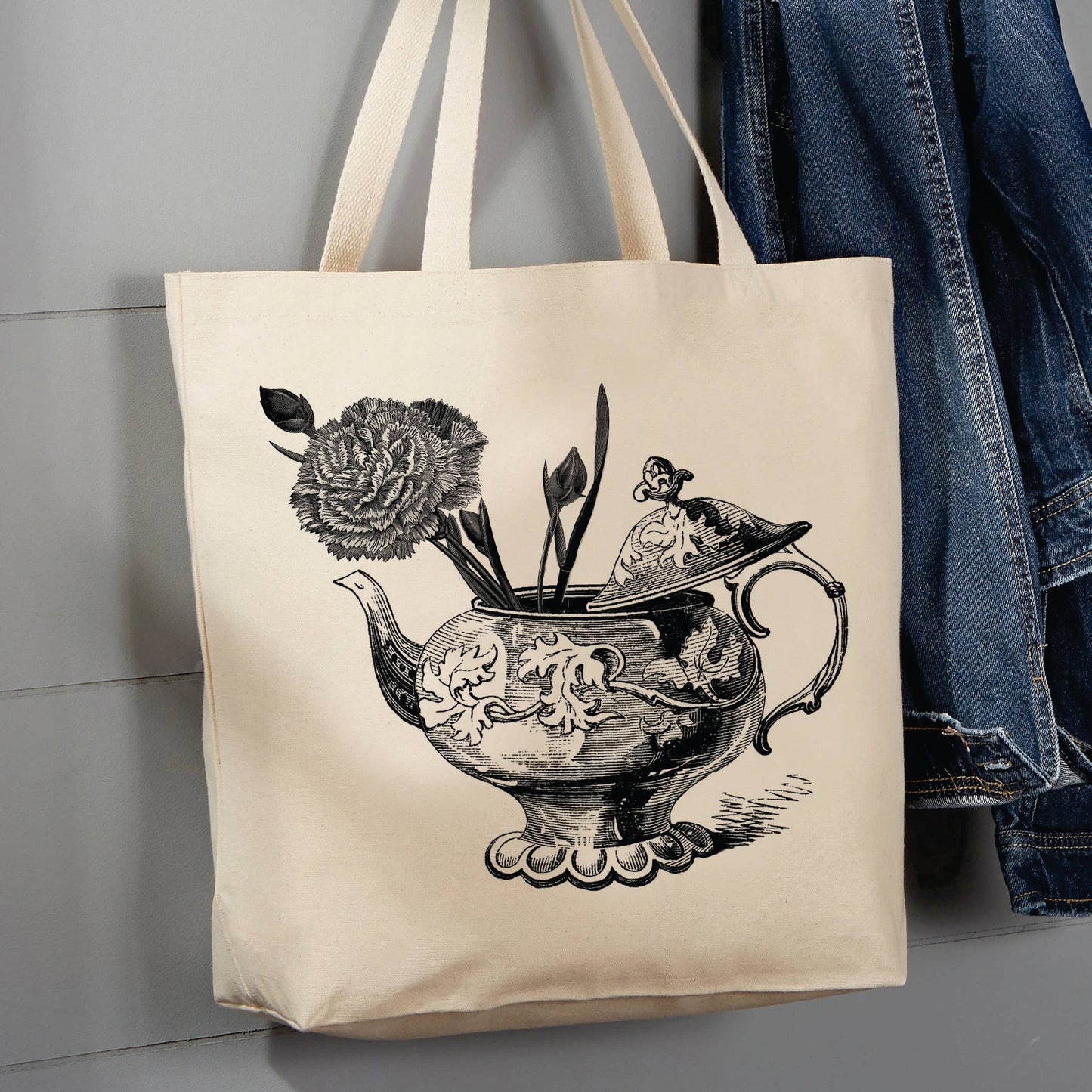 Tea Pot with Flower , 12 oz Tote Bag - Bag-3002