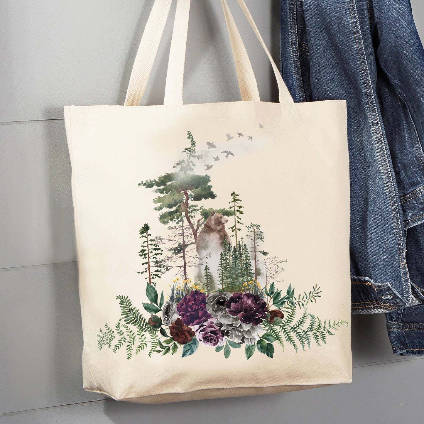Bear Forest Trees Nature, 12 oz Canvas Tote Bag Grocery