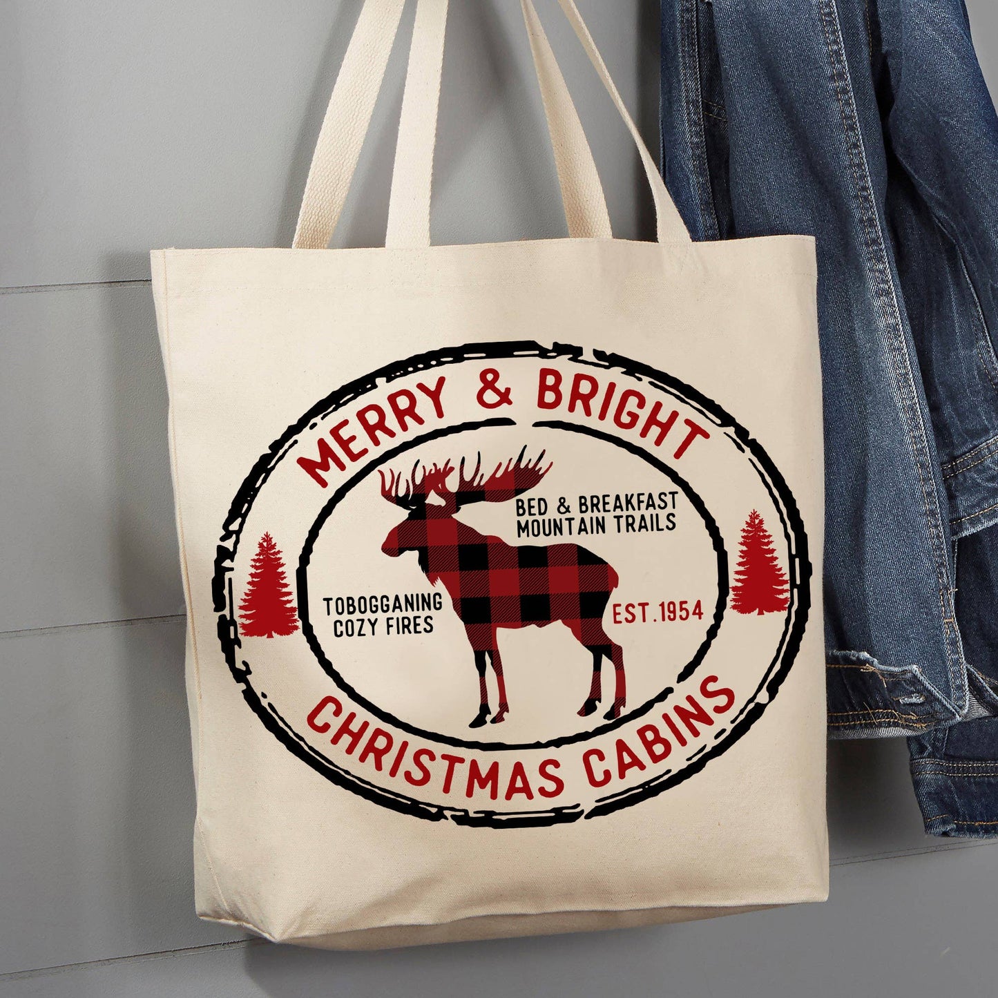 Merry and Bright Christmas Cabins, 12 oz Tote Bag