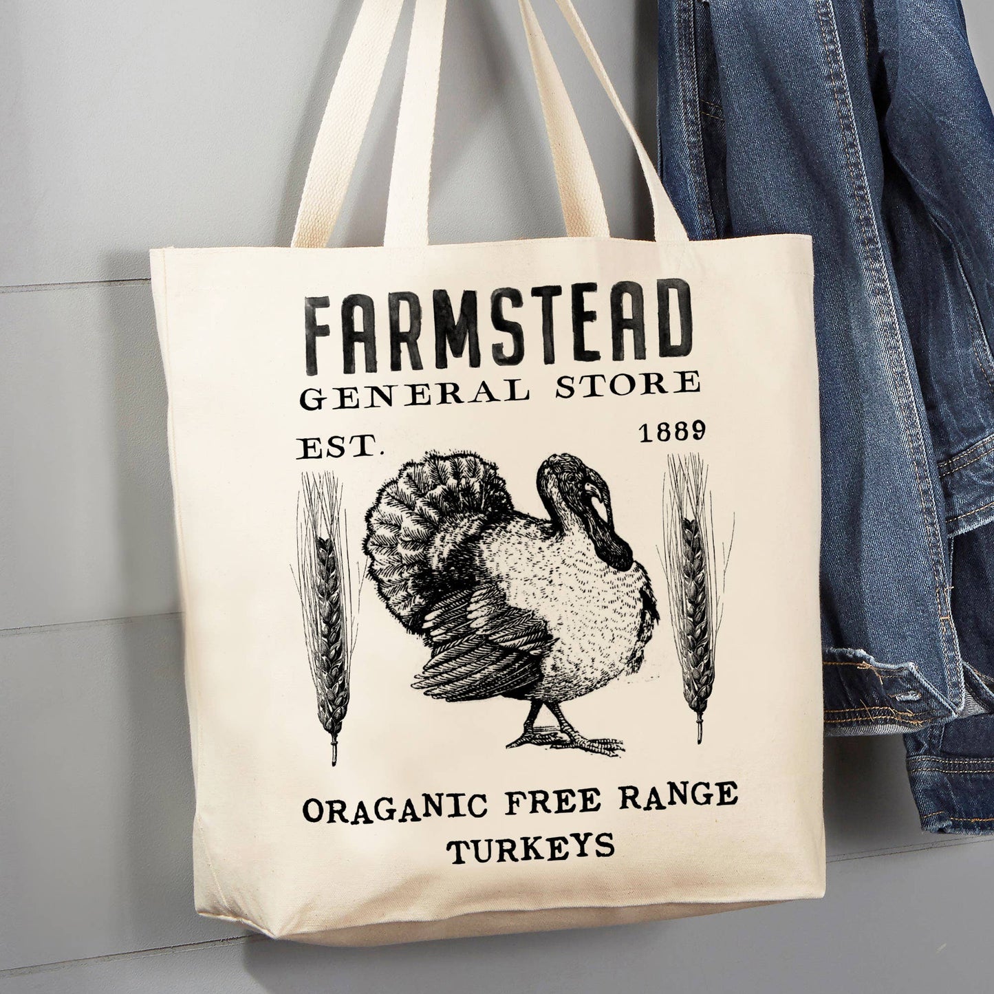 Vintage Farmstead Turkey Thanksgiving 12 oz Canvas Tote Bag