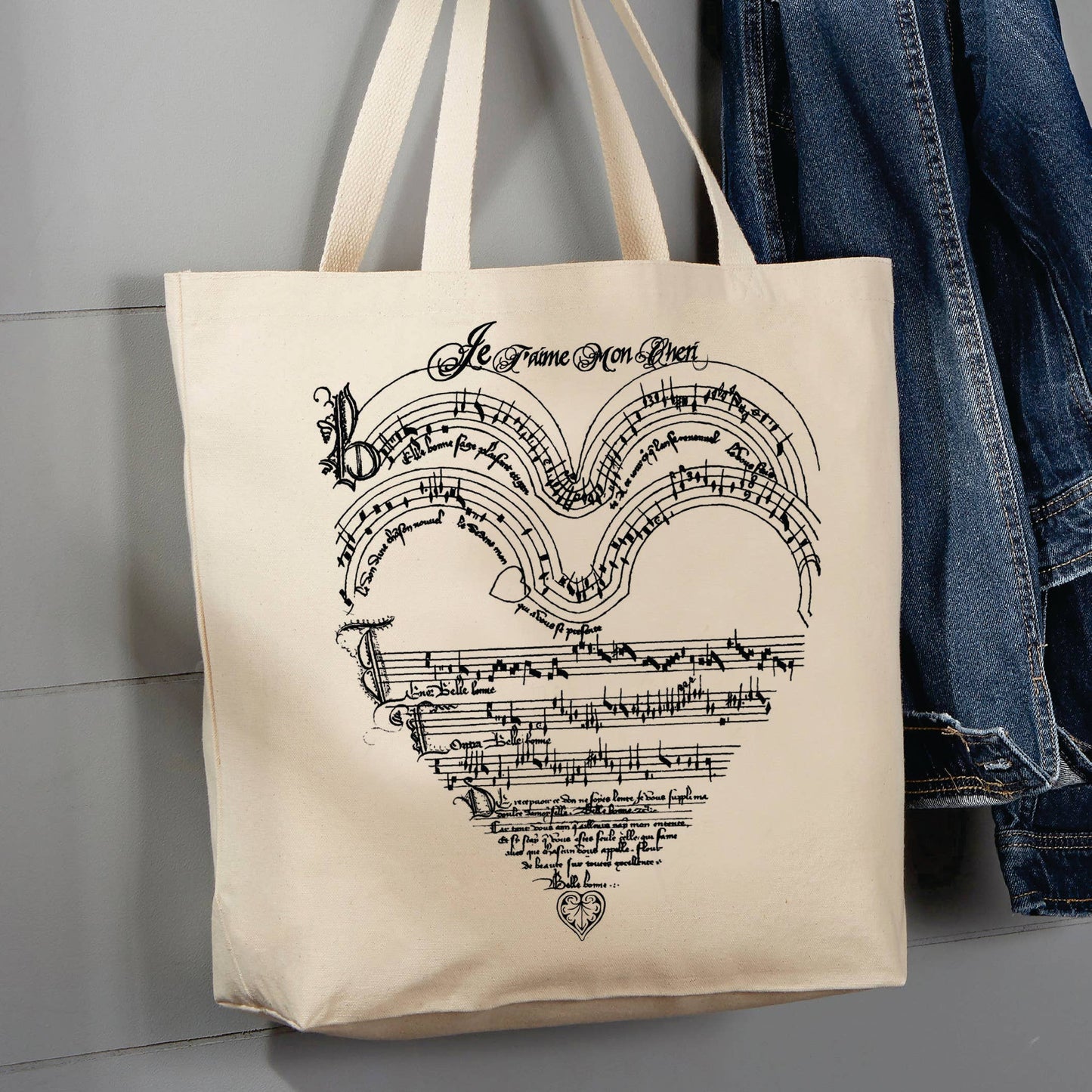 Vintage French ,Music Heart, Musical Notes, 12 oz Tote Bag