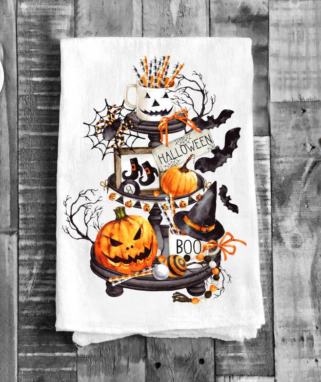 Halloween 3 Tiered Tray Cotton Tea Towels Kitchen