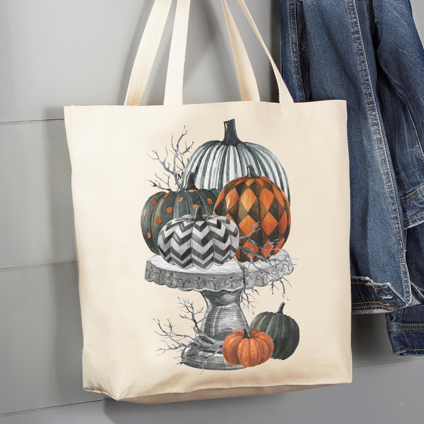 Halloween Checkered Stacked Pumpkins Canvas Tote Bag