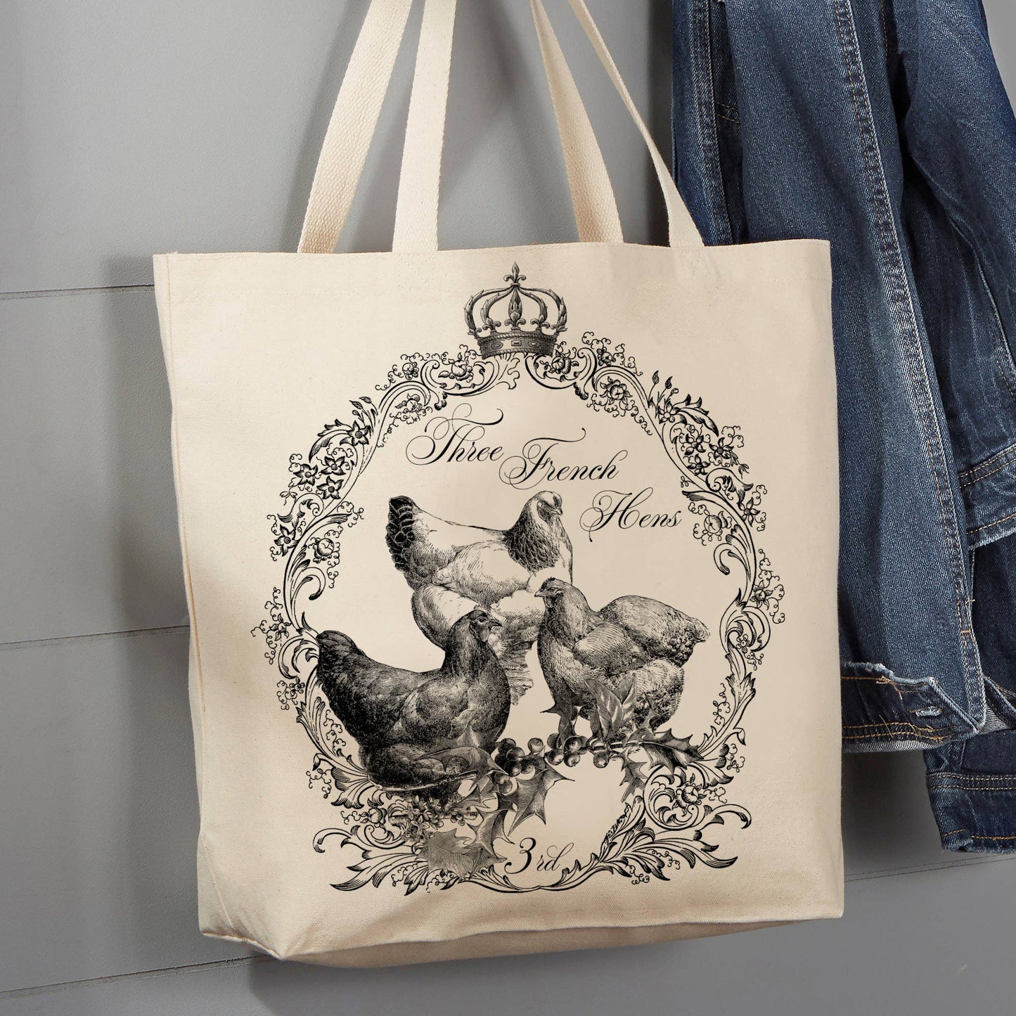 Three French Hens Christmas, 12 oz Tote Bag