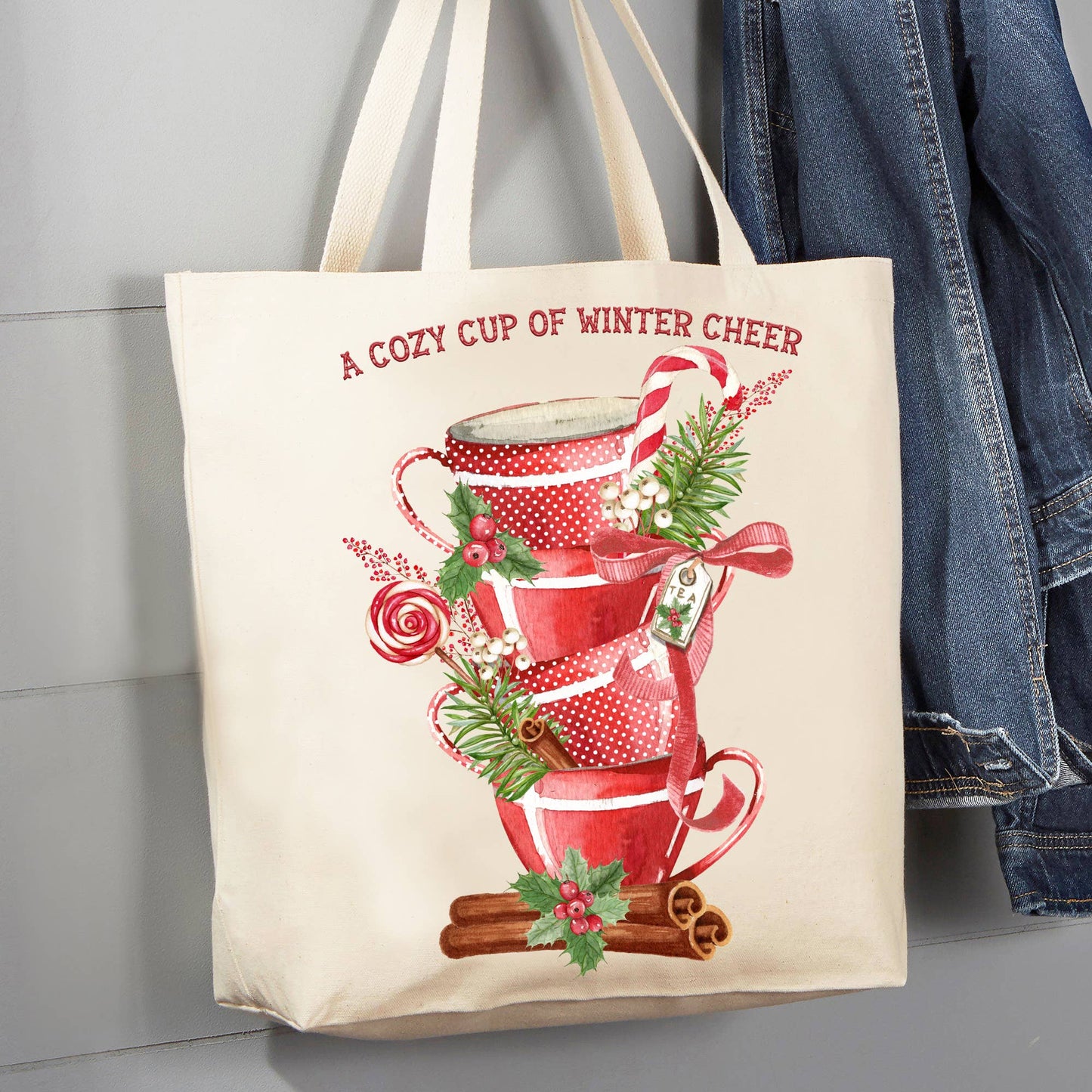 Christmas Cozy Tea Cup of Winter Cheer 12 oz Canvas Tote Bag