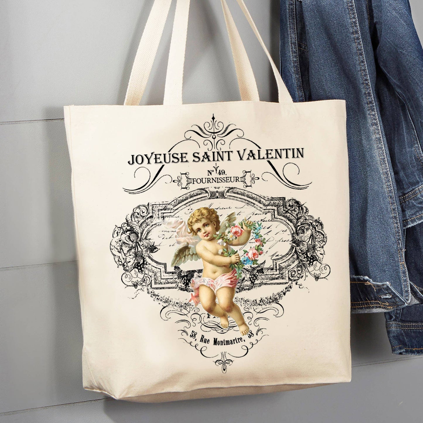 French Vintage Valentine Cupid 12 oz Cotton Tote Bag