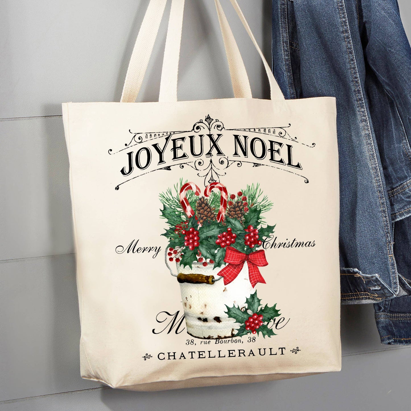 Joyeux Noel Holly Berry Christmas 12 oz Canvas Tote Bag
