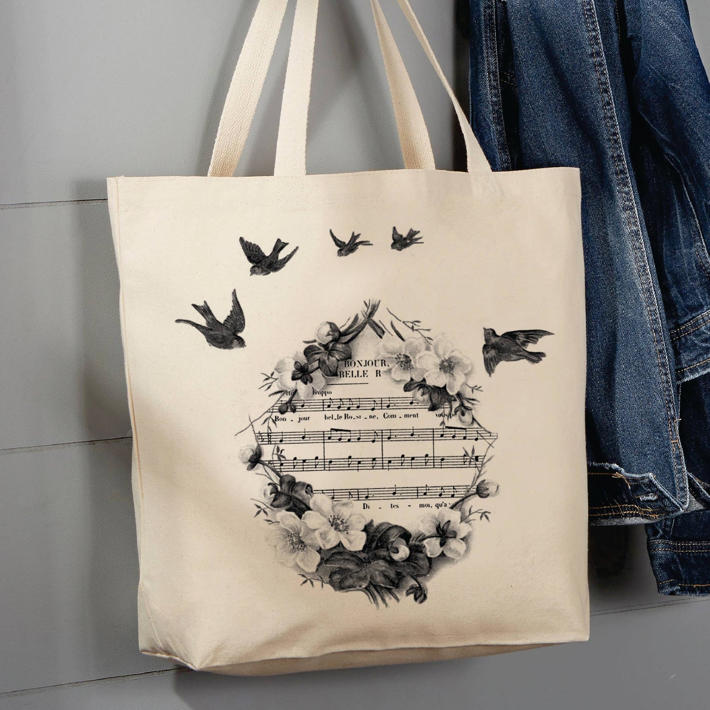 Birds Music Notes Flowers, 12 oz Tote Bag