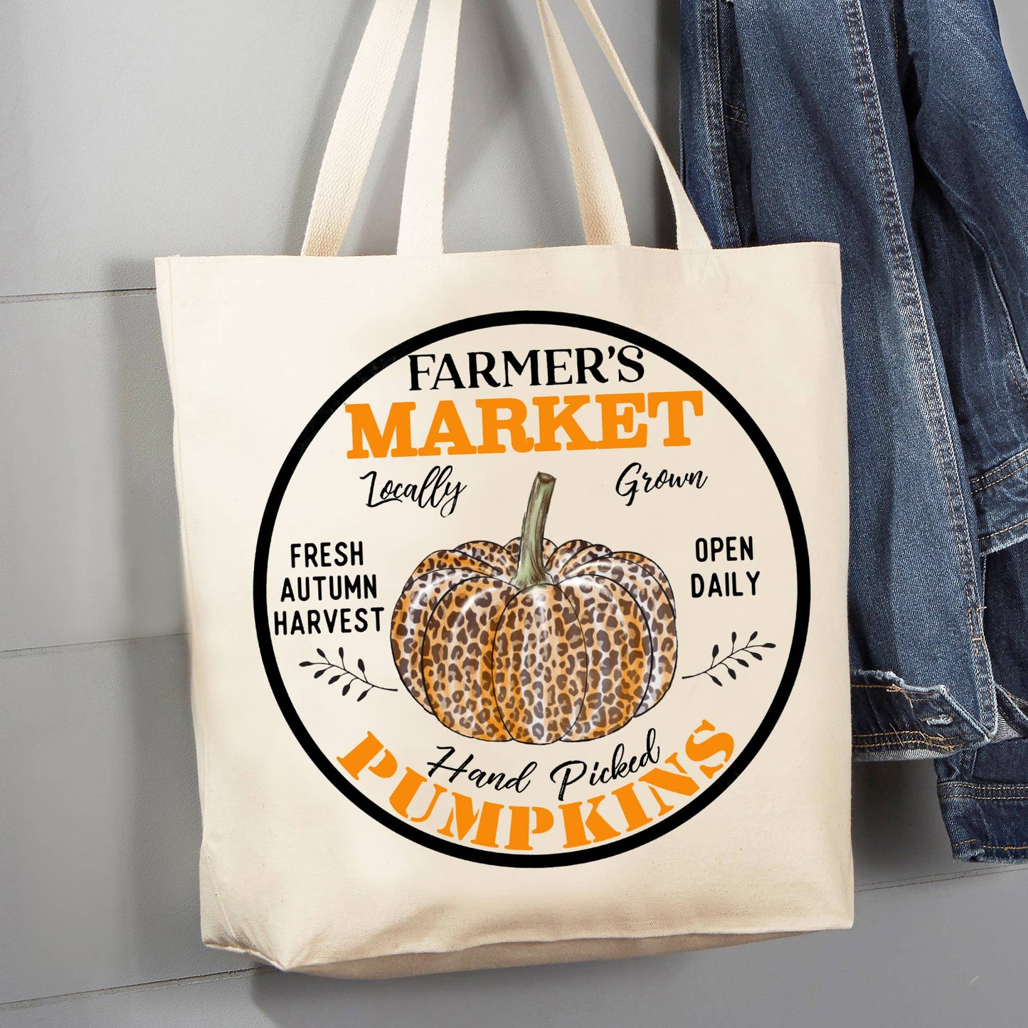 Fall Autumn Farmers Leopard Pumpkin 12 oz Canvas Tote Bag