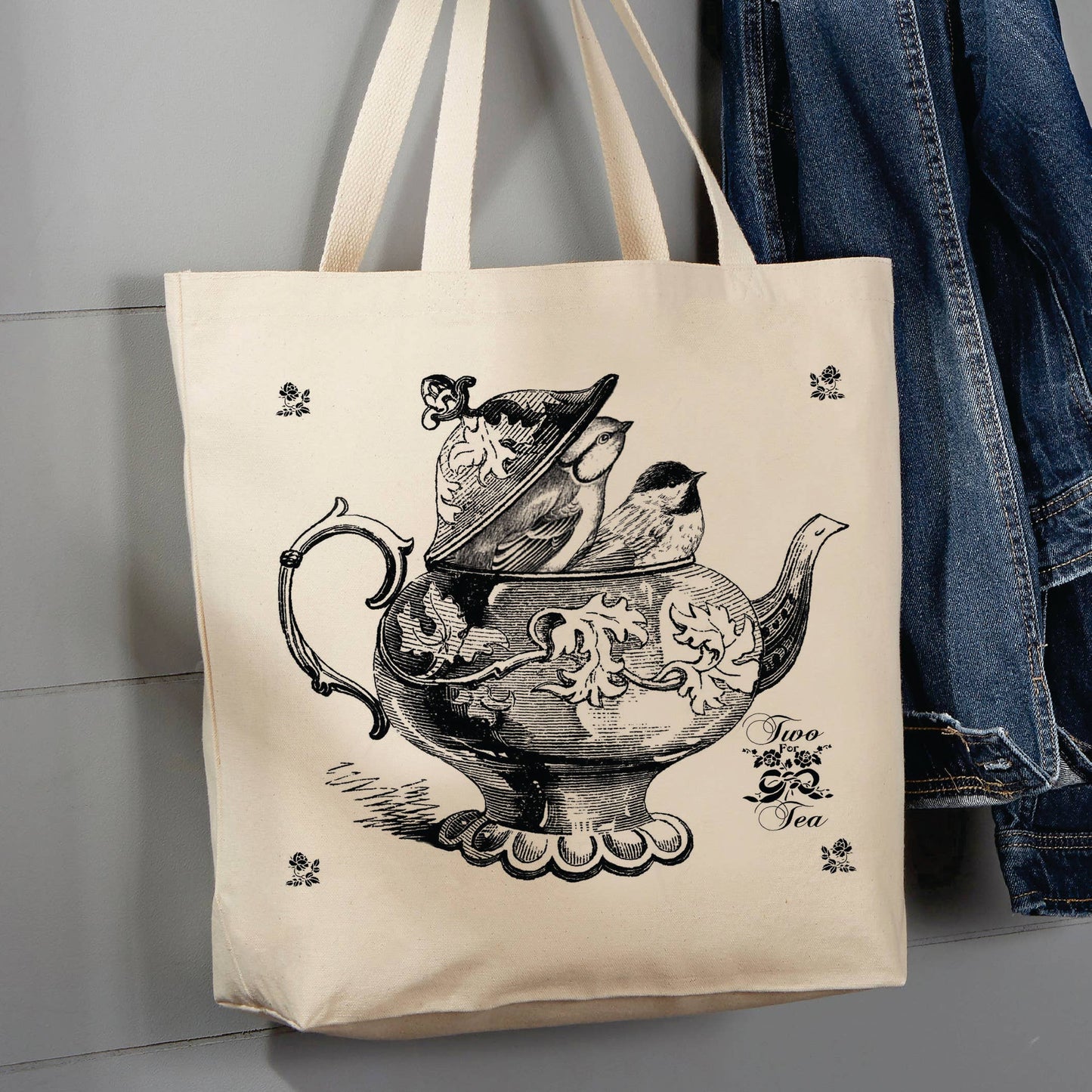 Tea Pot with Birds, 12 oz Tote Bag