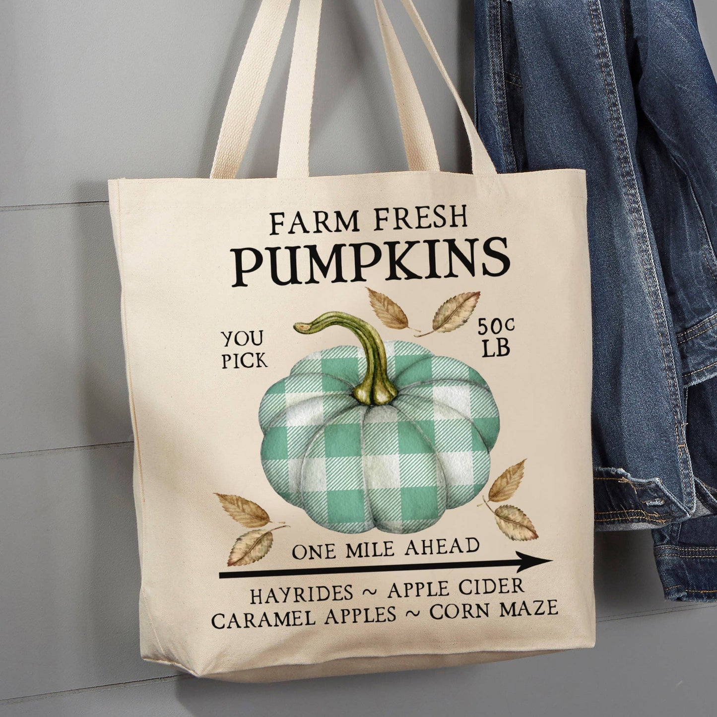 Farm Fresh Pumpkins Blue Plaid, 12 oz Tote Bag