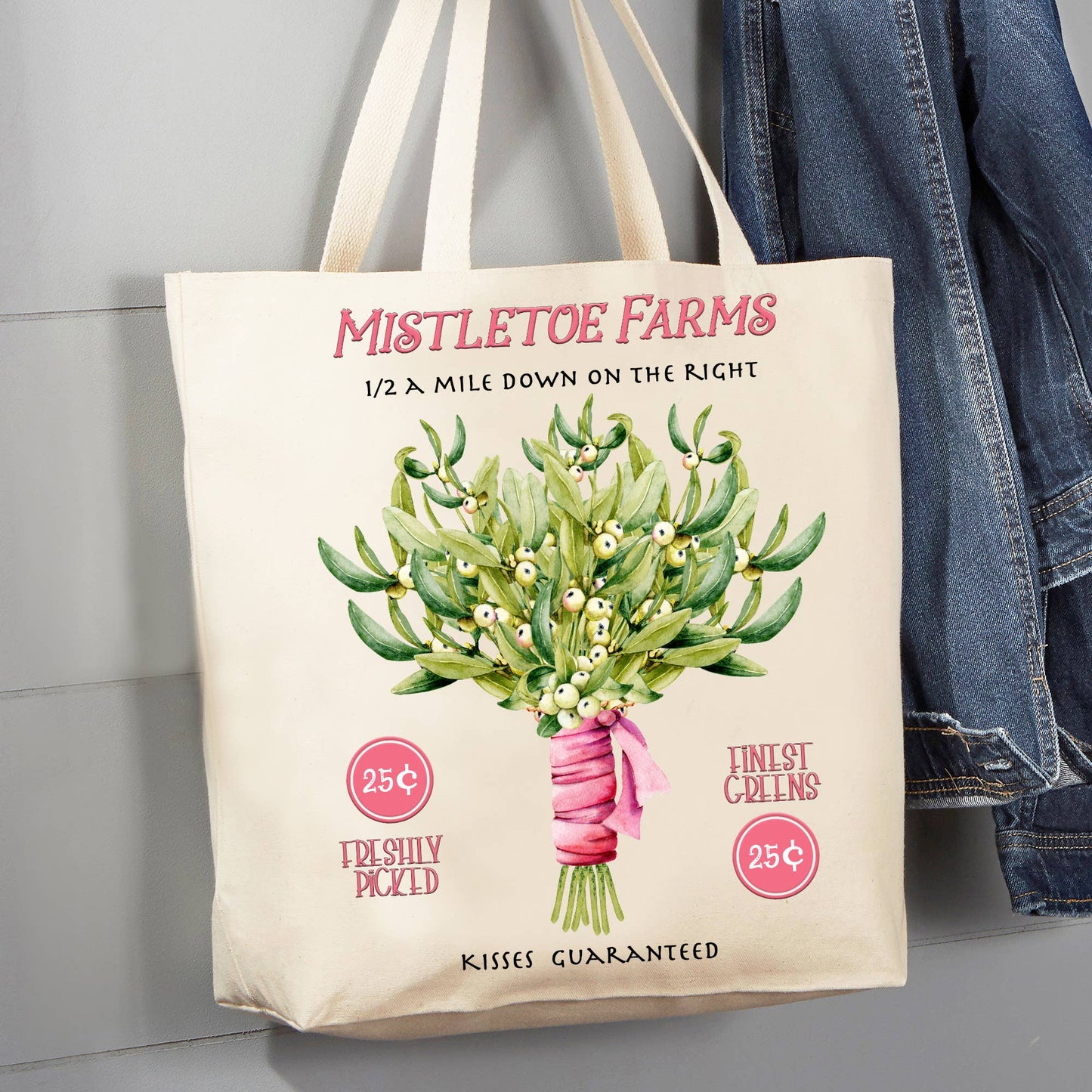 Christmas Misletoe Farms Kiss Me 12 oz Canvas Tote Bag