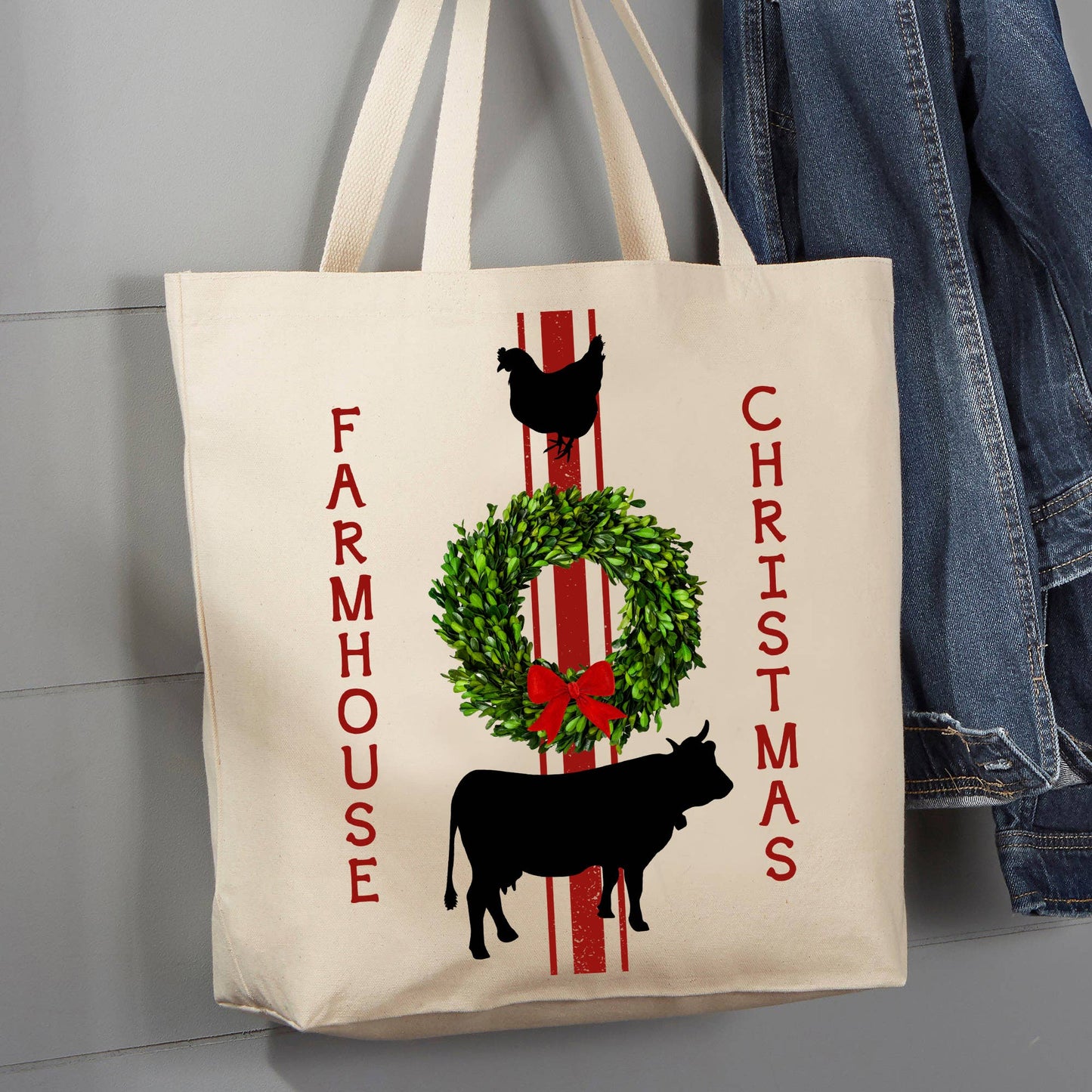 Farmhouse Christmas Wreath Chicken Cow, 12 oz Tote Bag